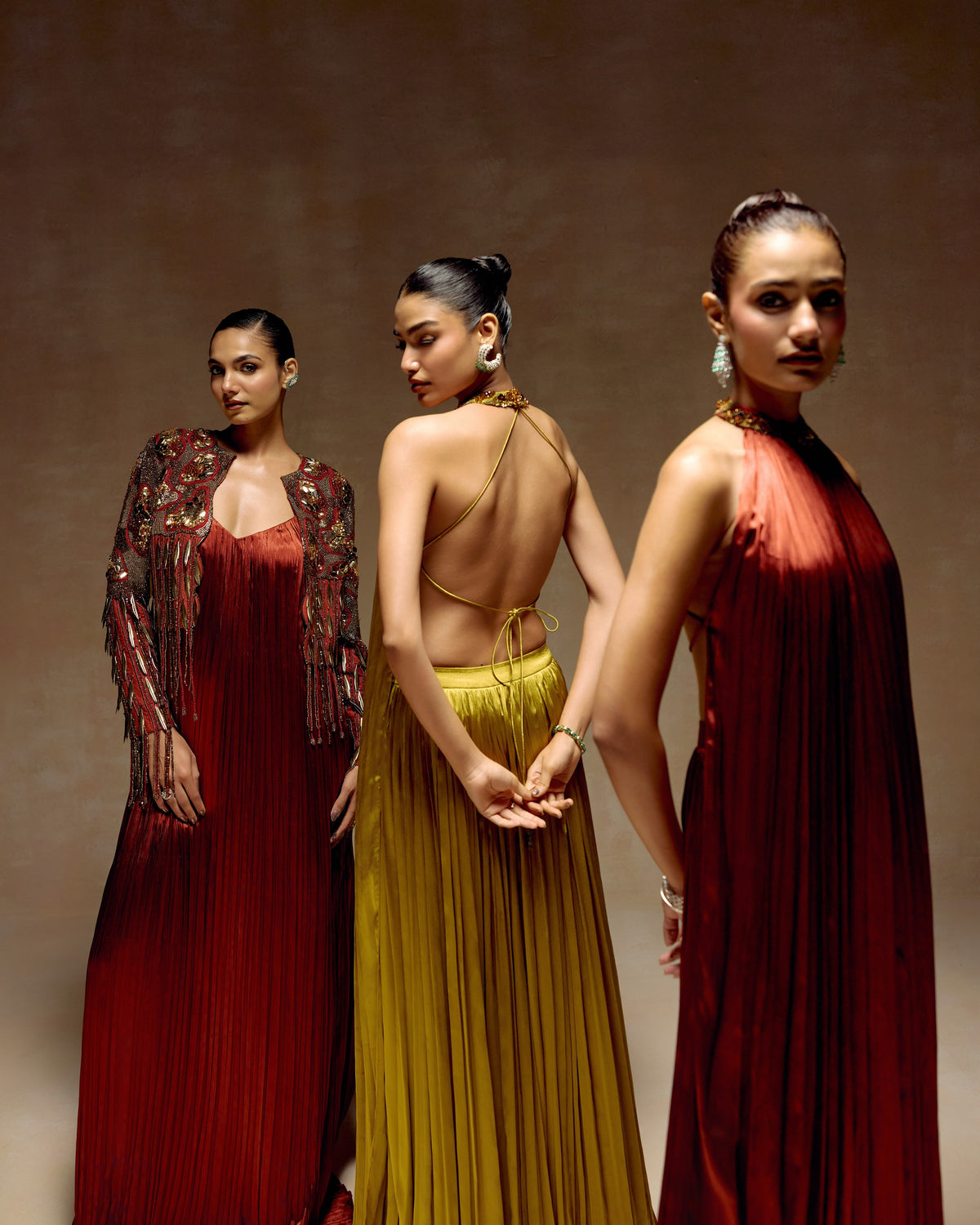 Rust Ruched Halter Tunic, editorial image — RINESSA