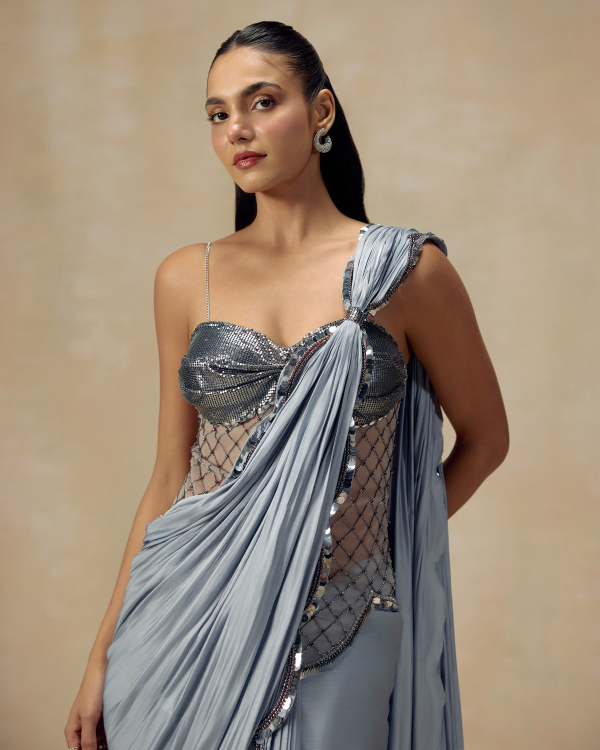 Silver Shimmer Pre-Draped Saree, back view — RINESSA