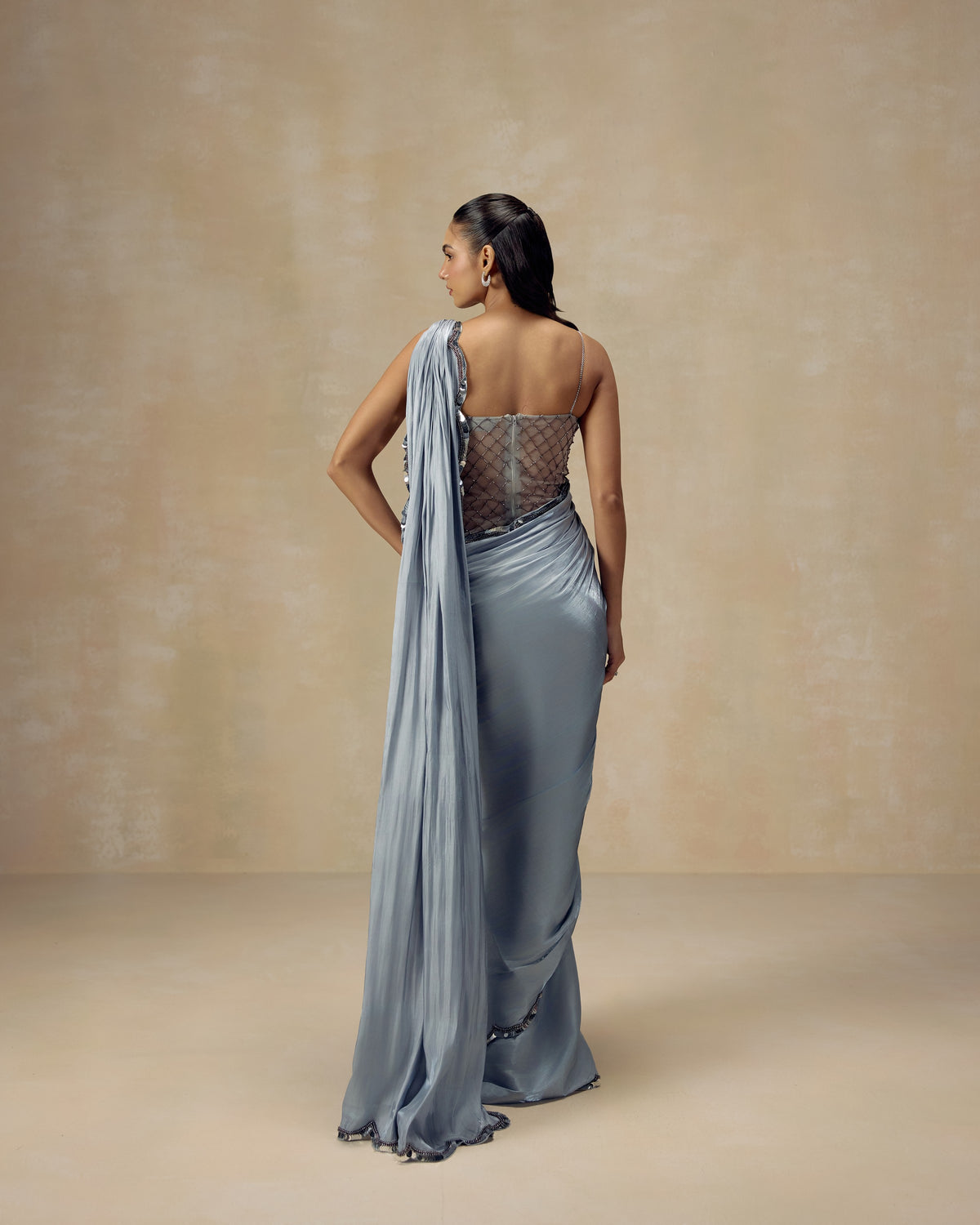 Silver Shimmer Pre-Draped Saree, hand embroidery detail — RINESSA