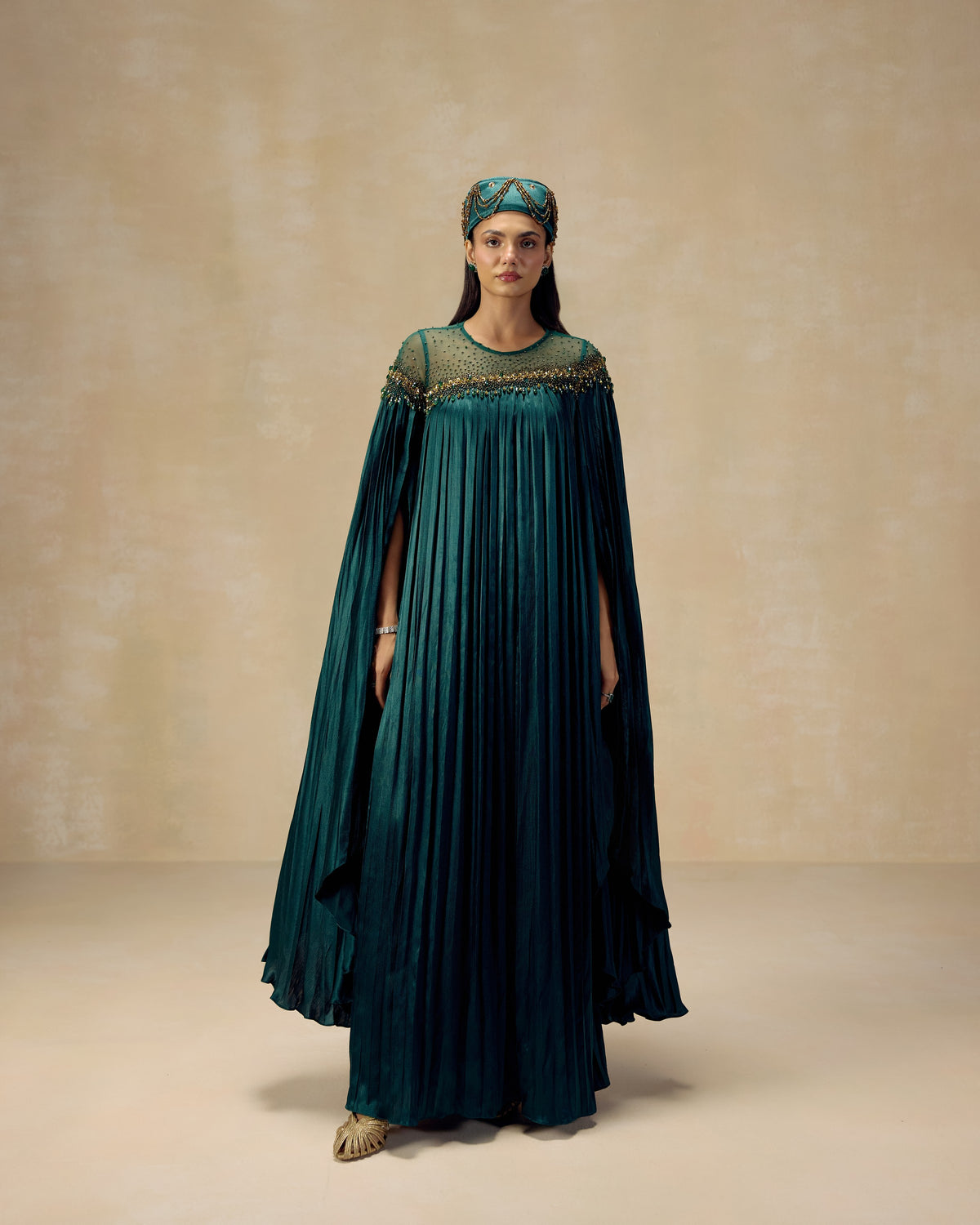 Teal Pleated Kaftan, editorial image — RINESSA