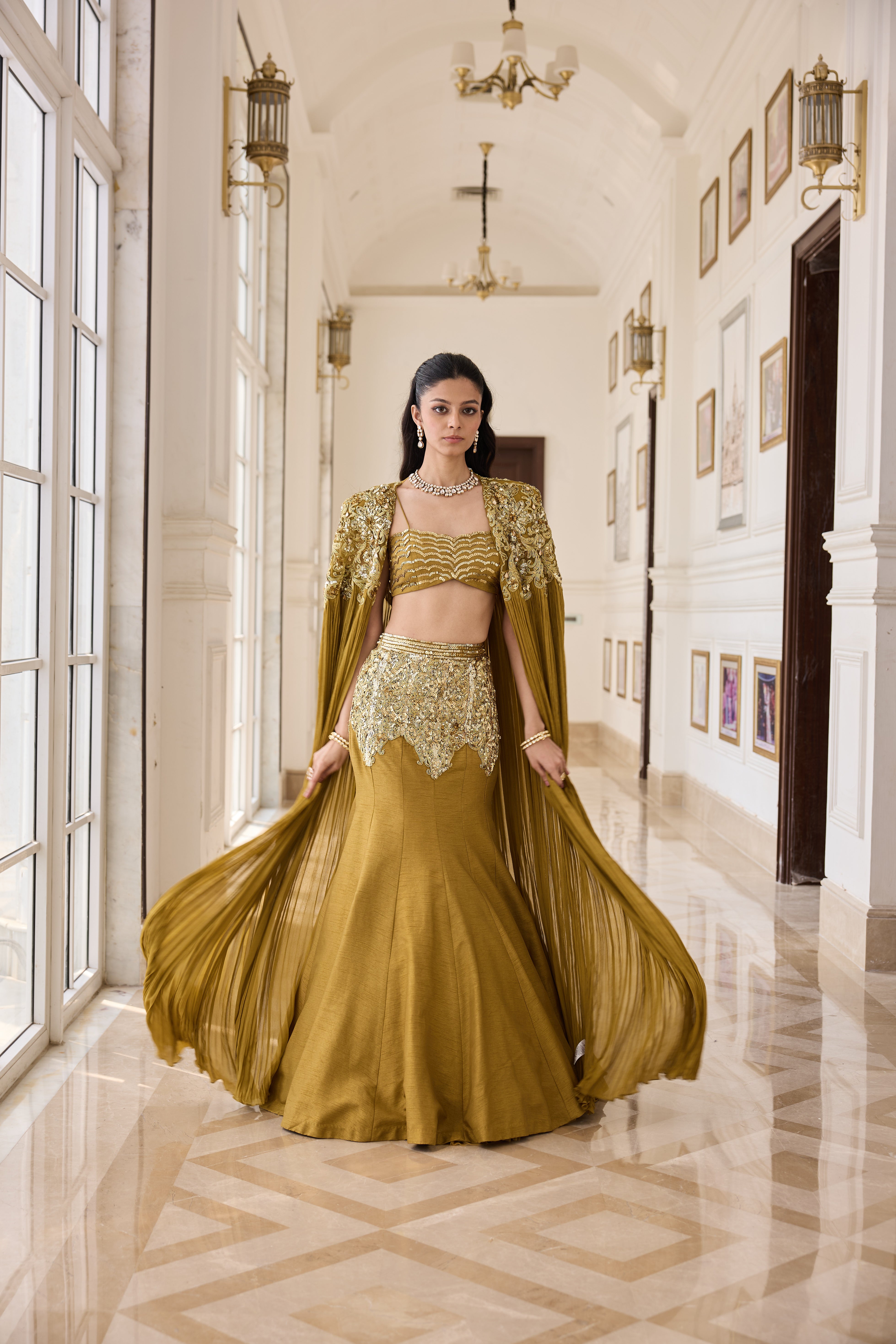 Hand Embroidered and Dori-work Cape with Bustier and Fishcut Lehenga