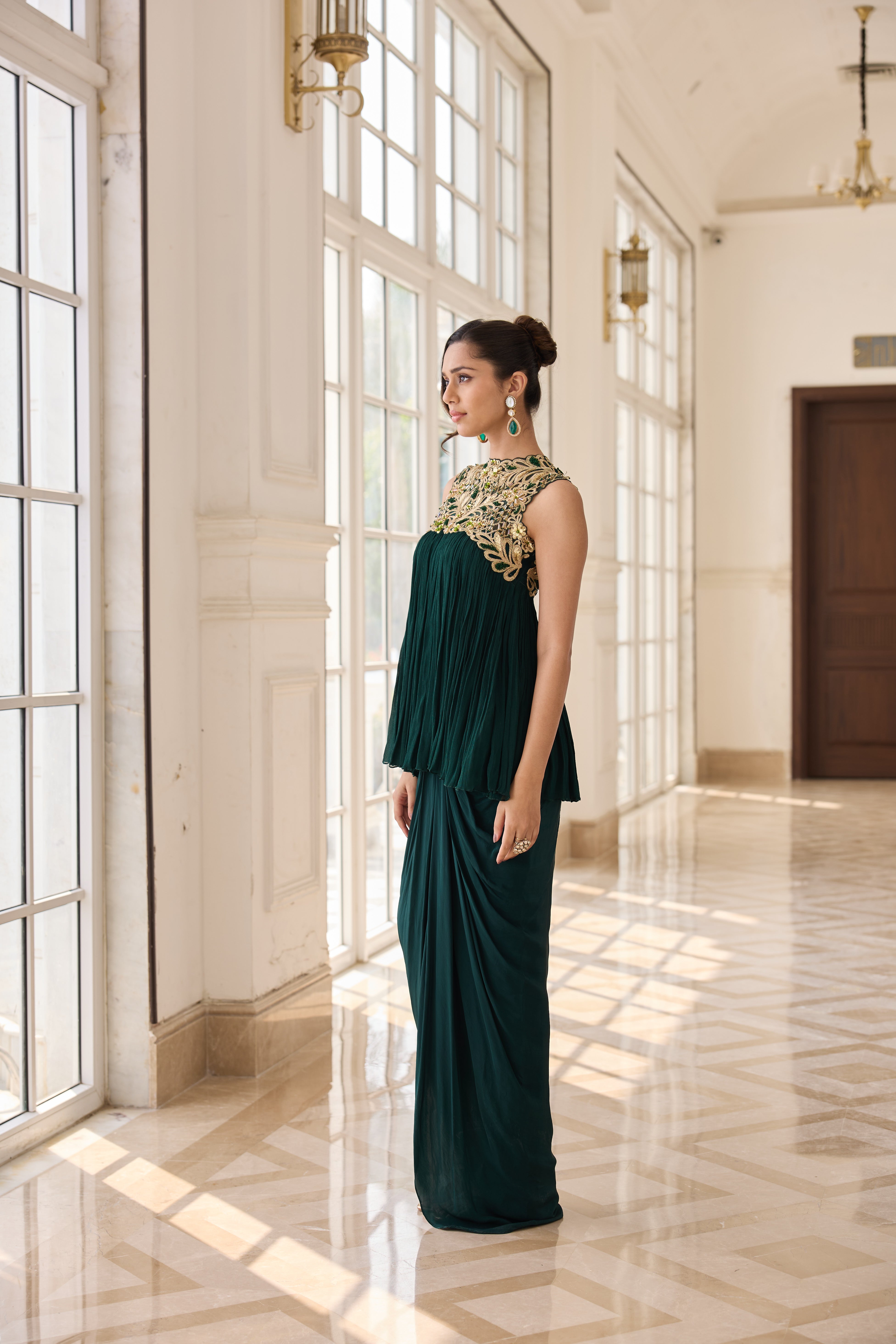 Hand Embelished Rushing Top with Dhoti skirt