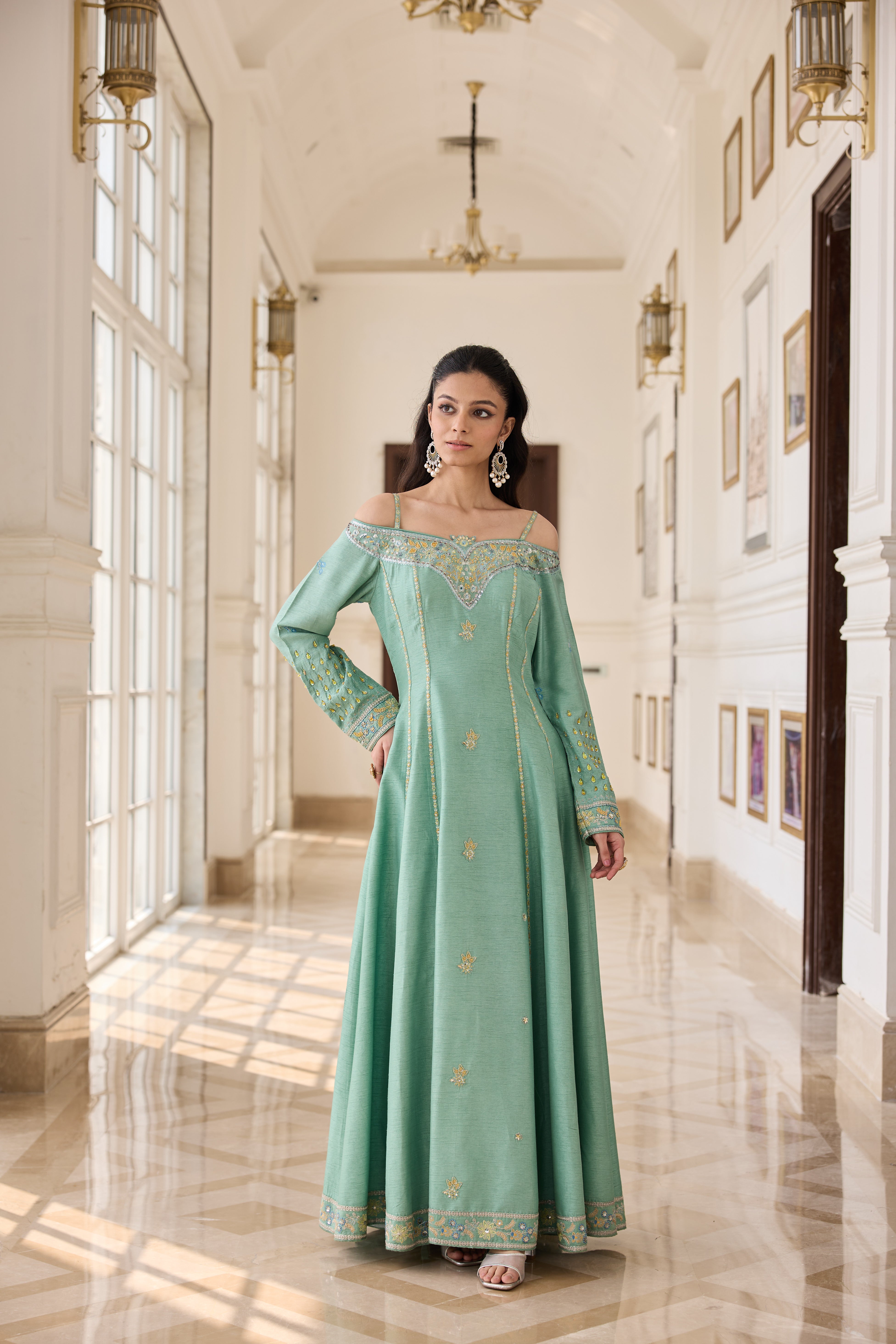 Hand Embroidered Off Shoulder Anarkali with Scallop Dupatta - Minty Green