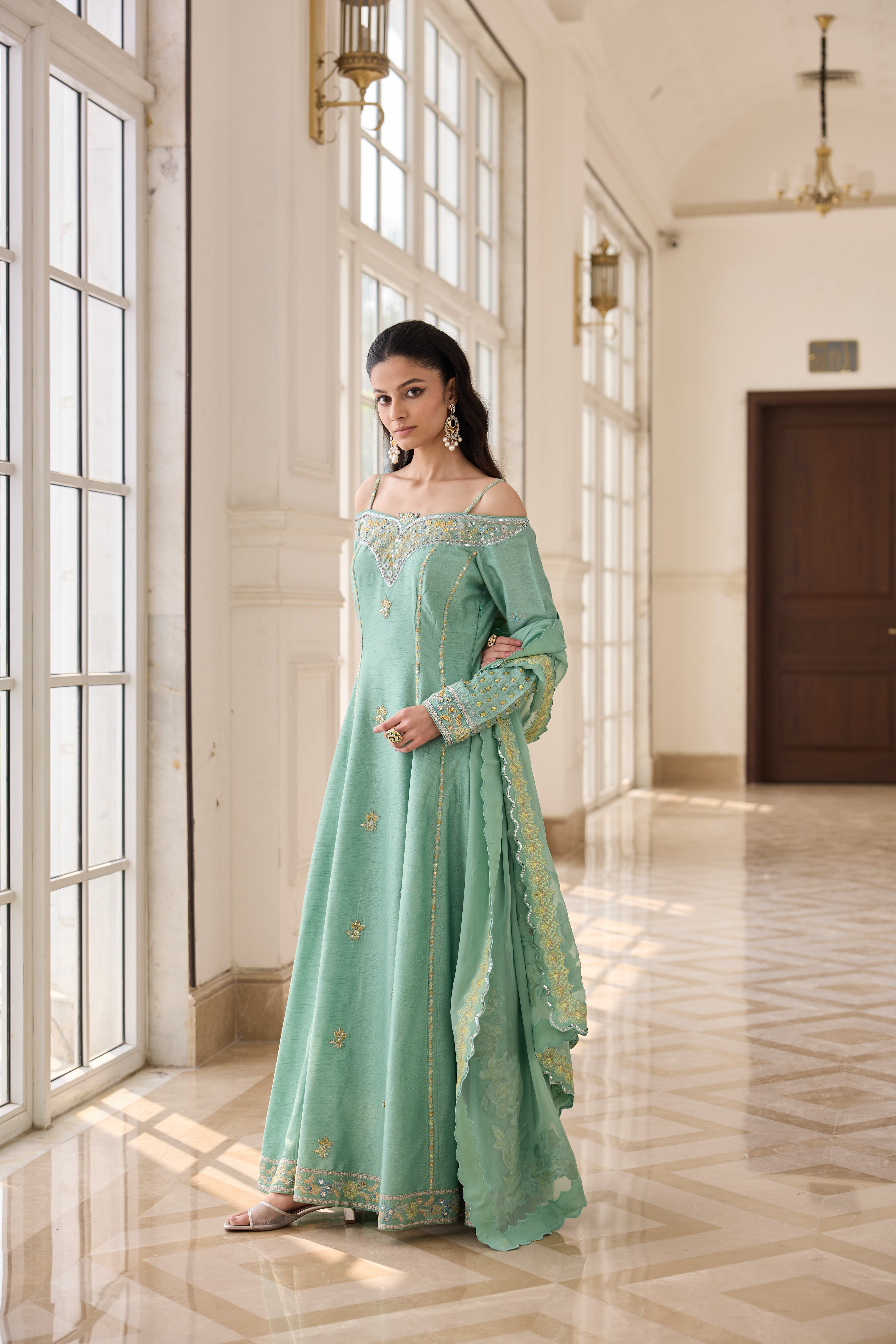 Hand Embroidered Off Shoulder Anarkali with Scallop Dupatta - Minty Green