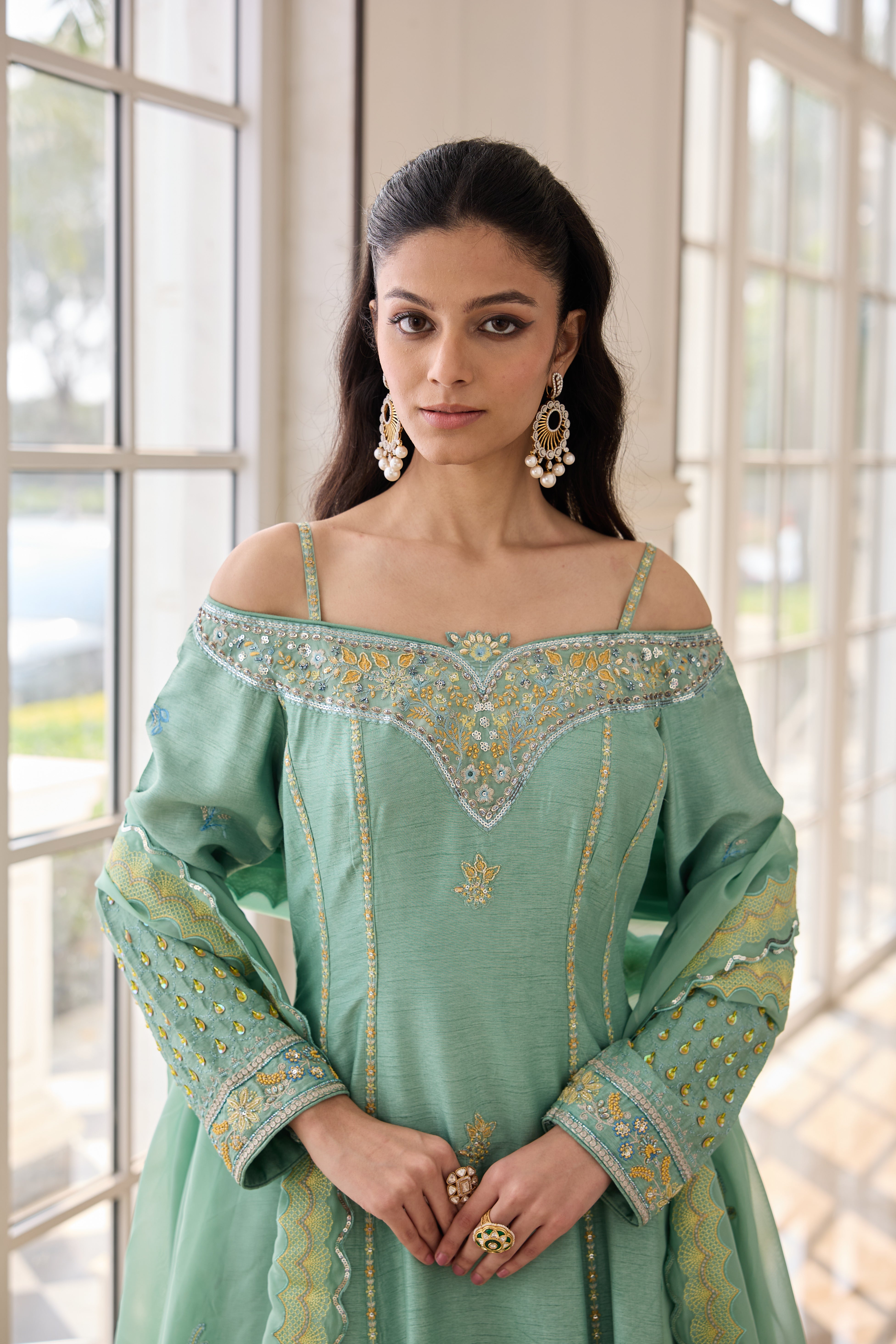 Hand Embroidered Off Shoulder Anarkali with Scallop Dupatta - Minty Green