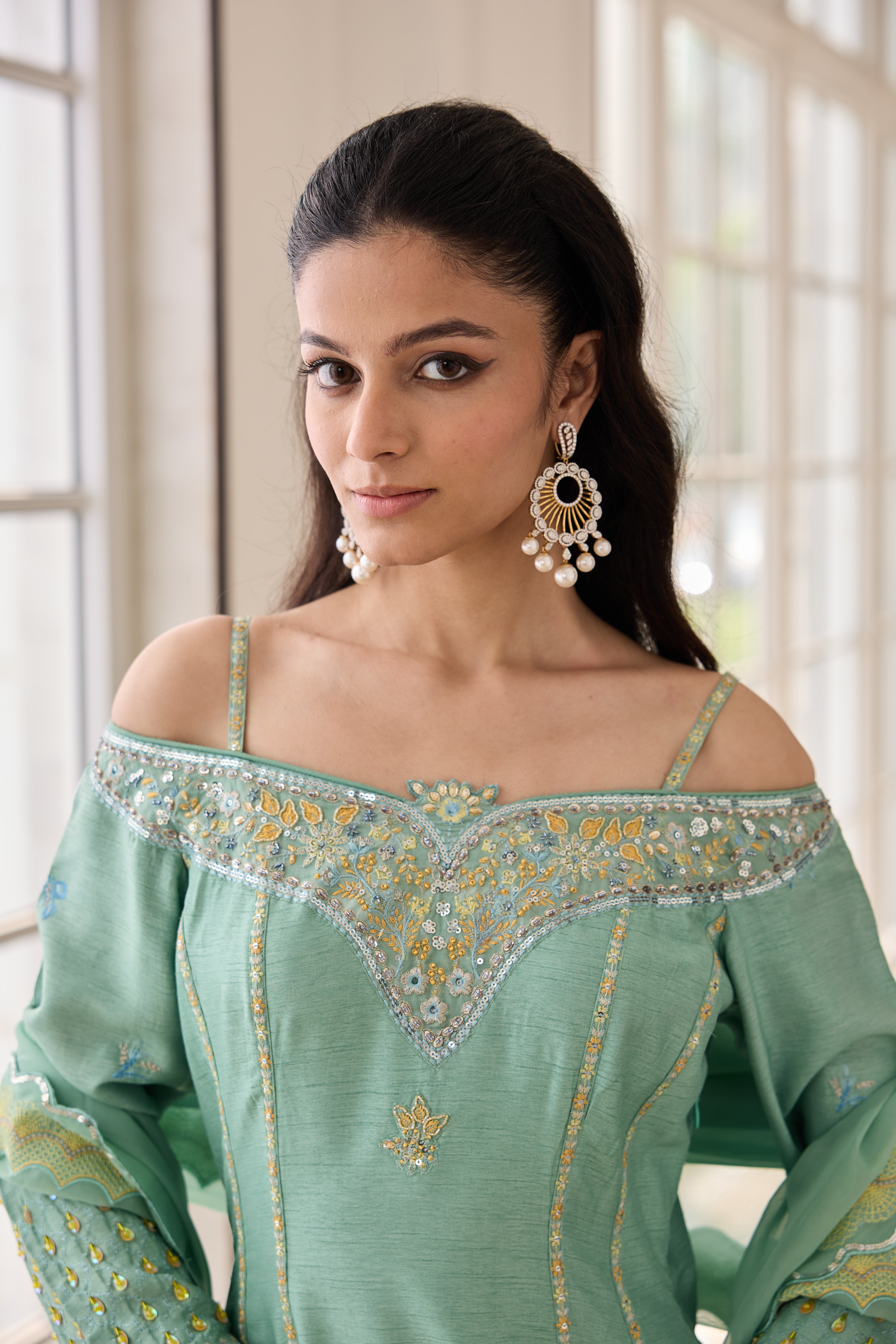 Hand Embroidered Off Shoulder Anarkali with Scallop Dupatta - Minty Green