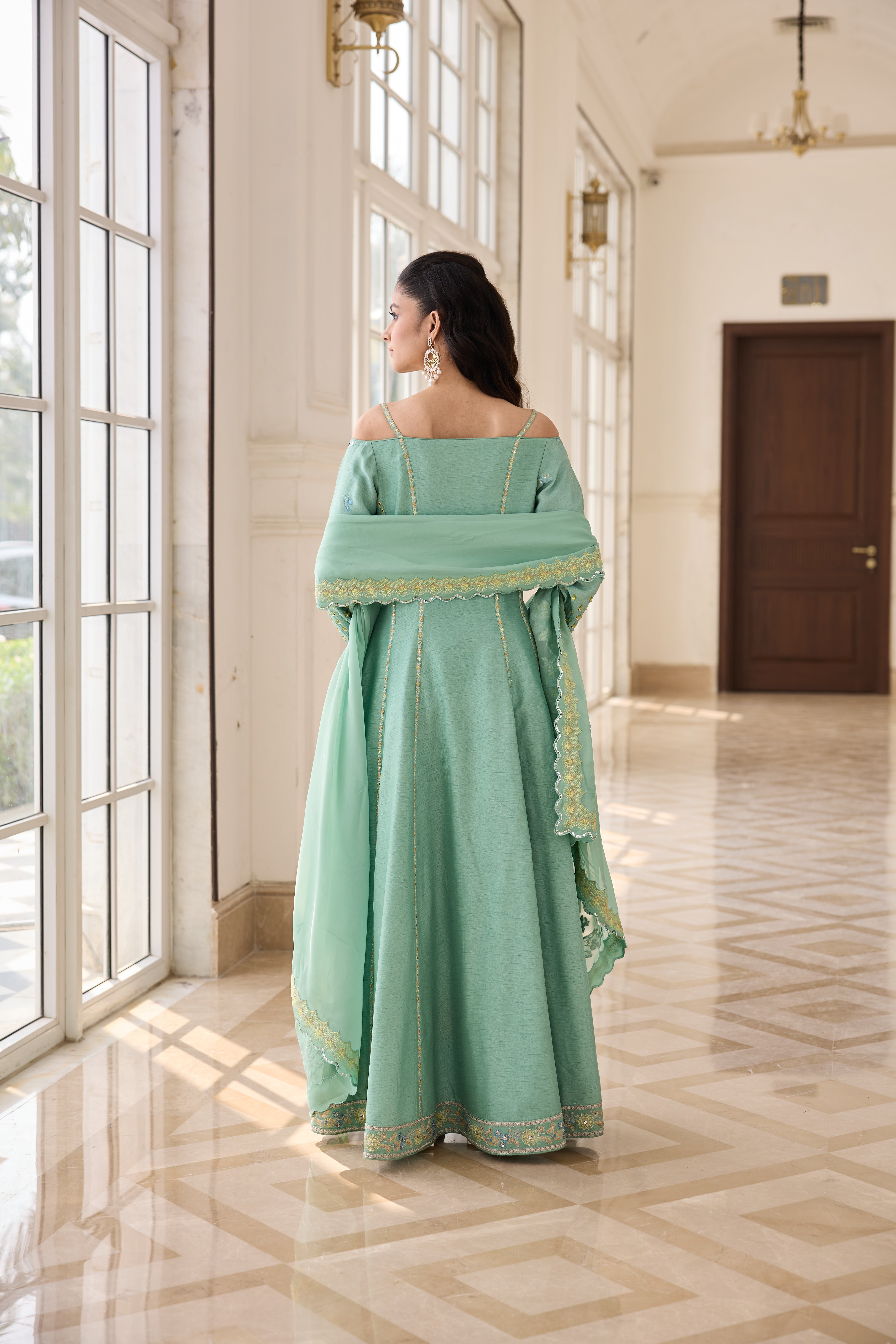 Hand Embroidered Off Shoulder Anarkali with Scallop Dupatta - Minty Green