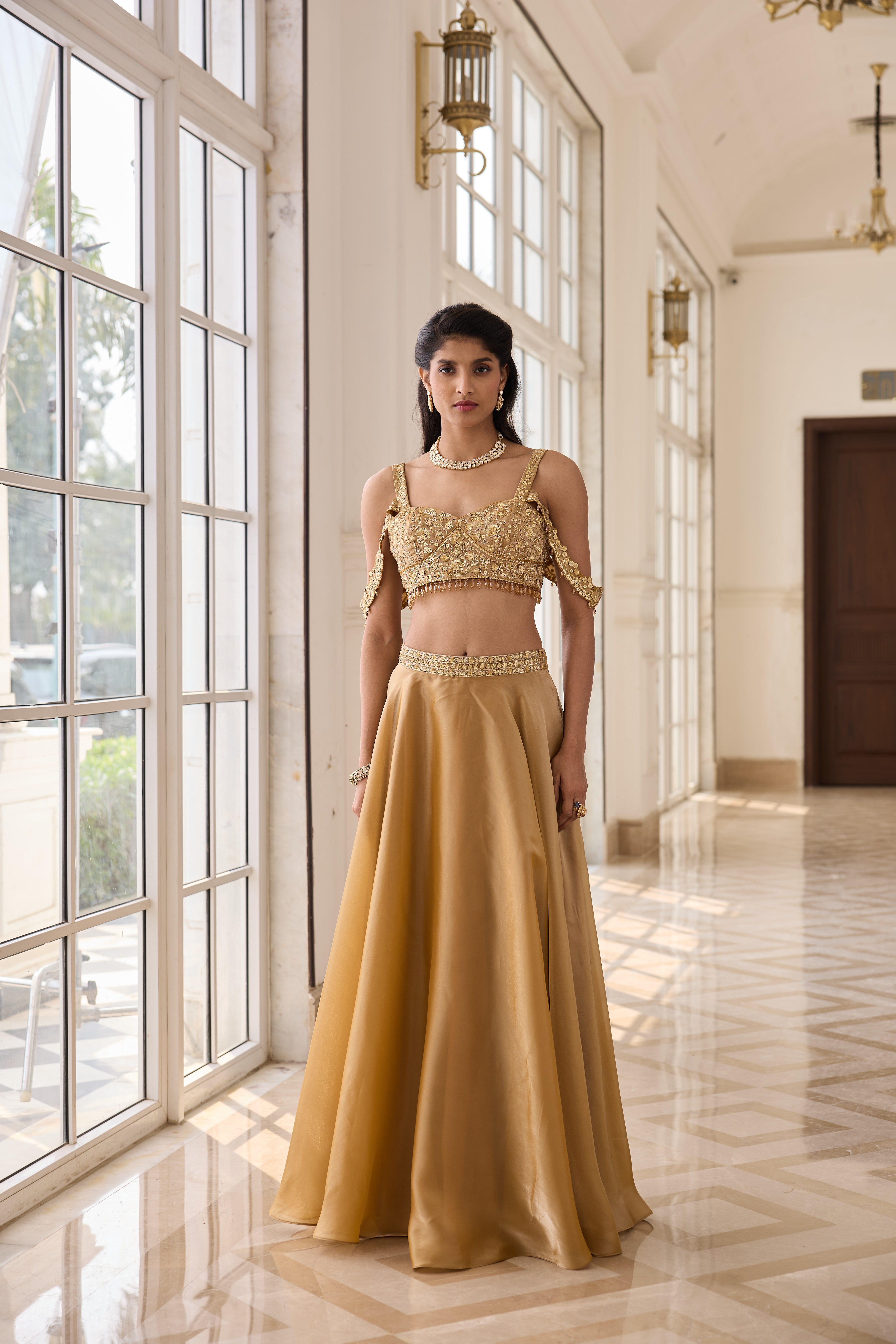 Hand Embroidered Lehenga with Dupatta - Gold