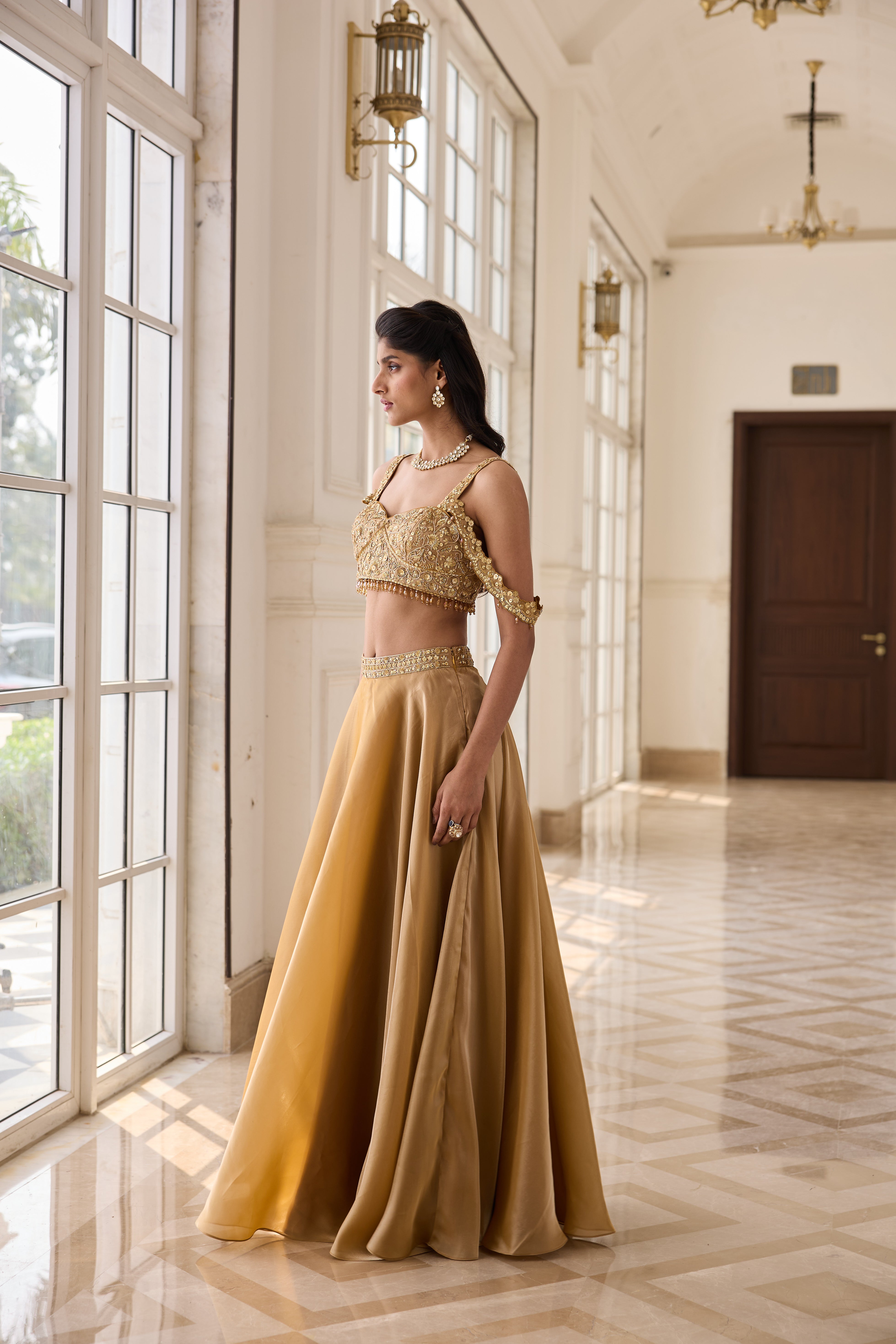 Hand Embroidered Lehenga with Dupatta - Gold