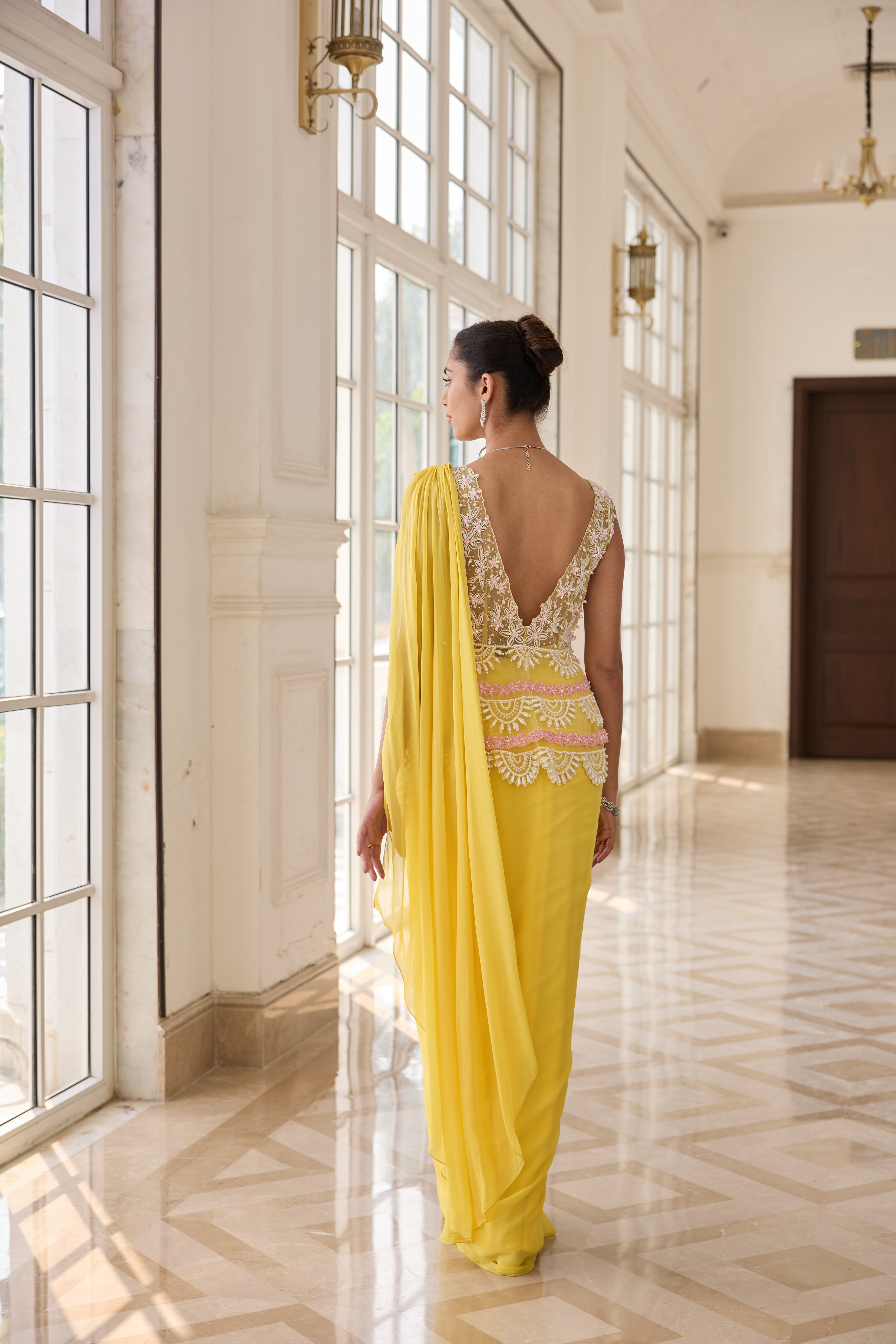 Hand Embroirderd Pearl Peplum with Drape Saree