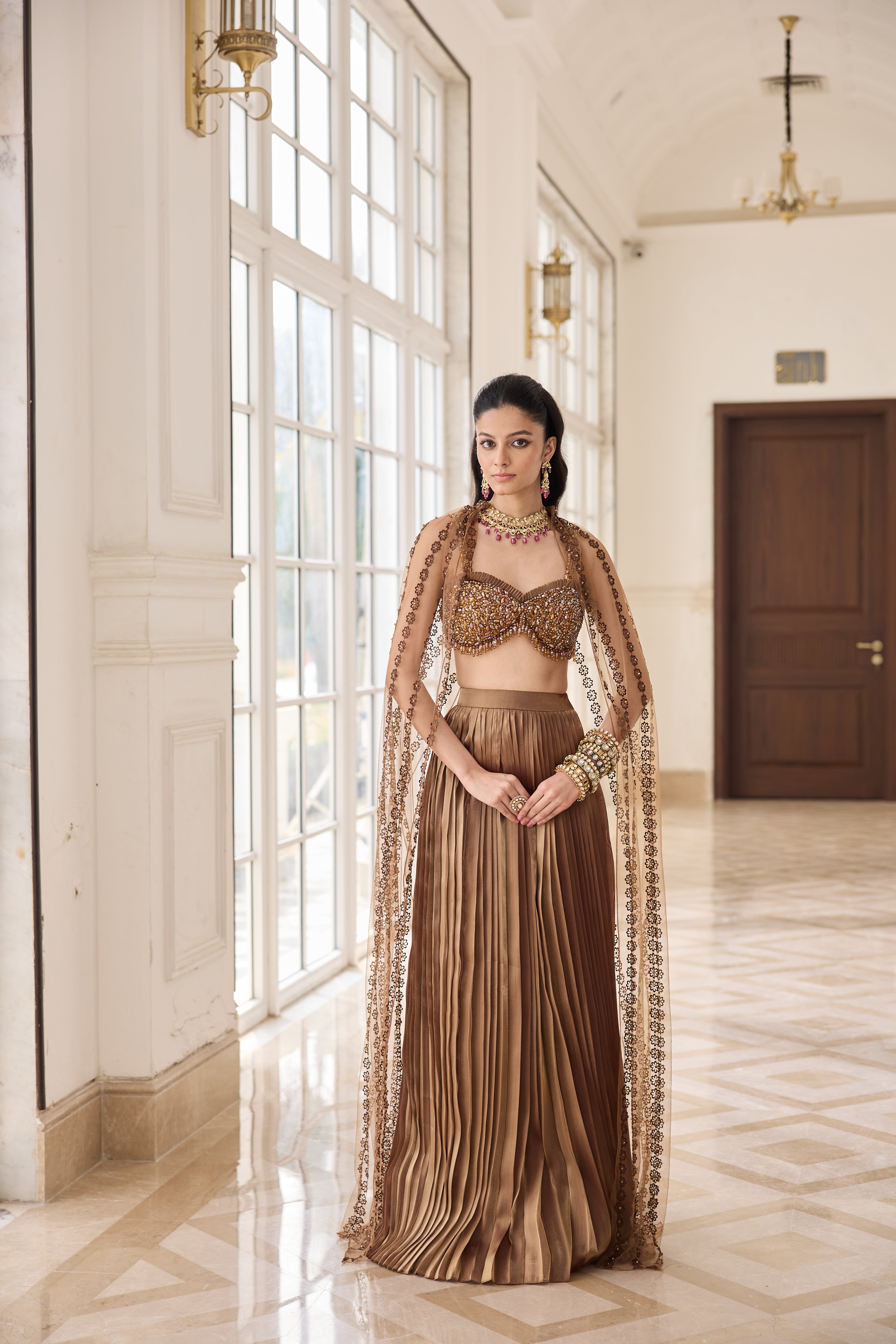 Hand Embroidered Bustier with Butterfly wing and Pleated Skirt