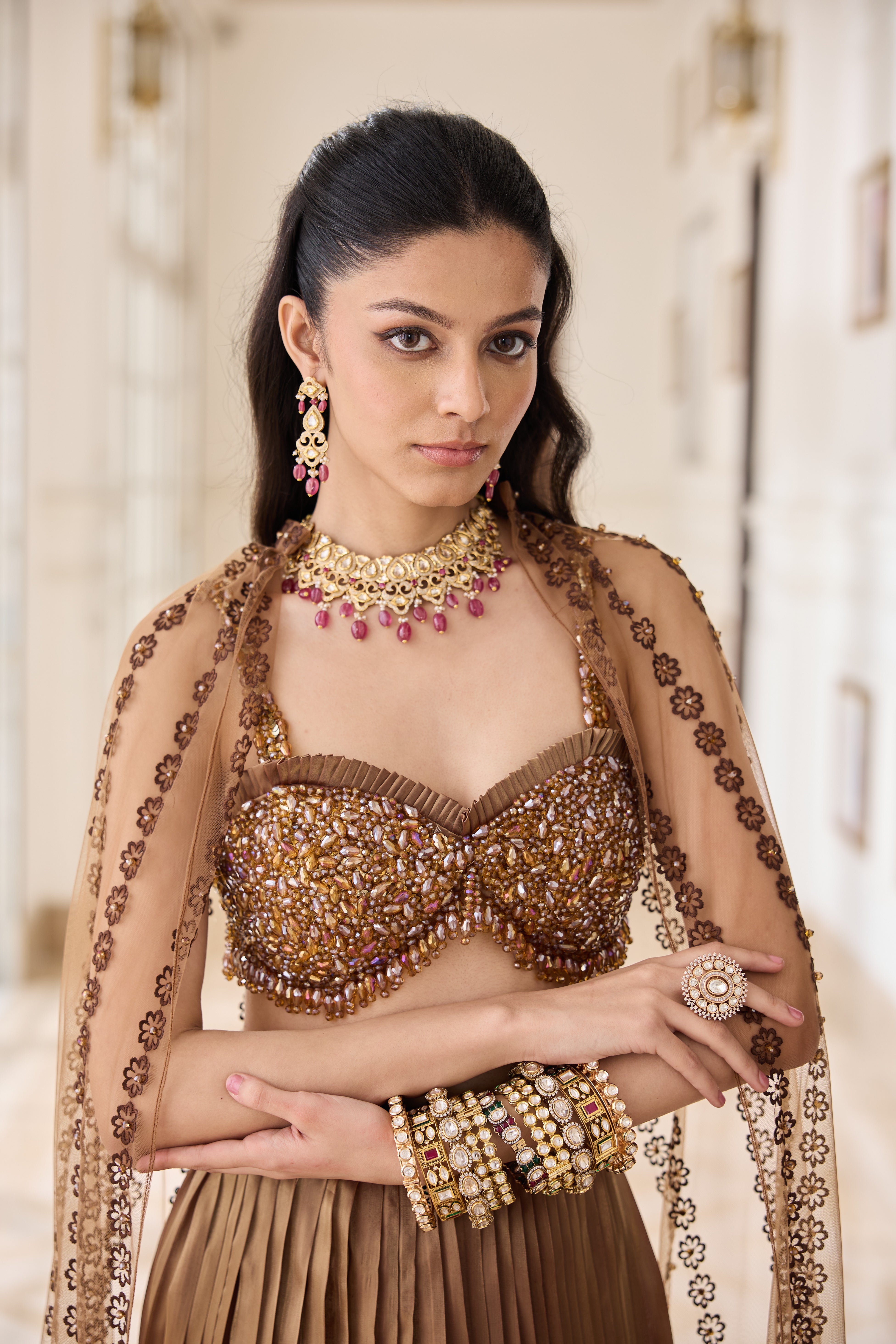 Hand Embroidered Bustier with Butterfly wing and Pleated Skirt