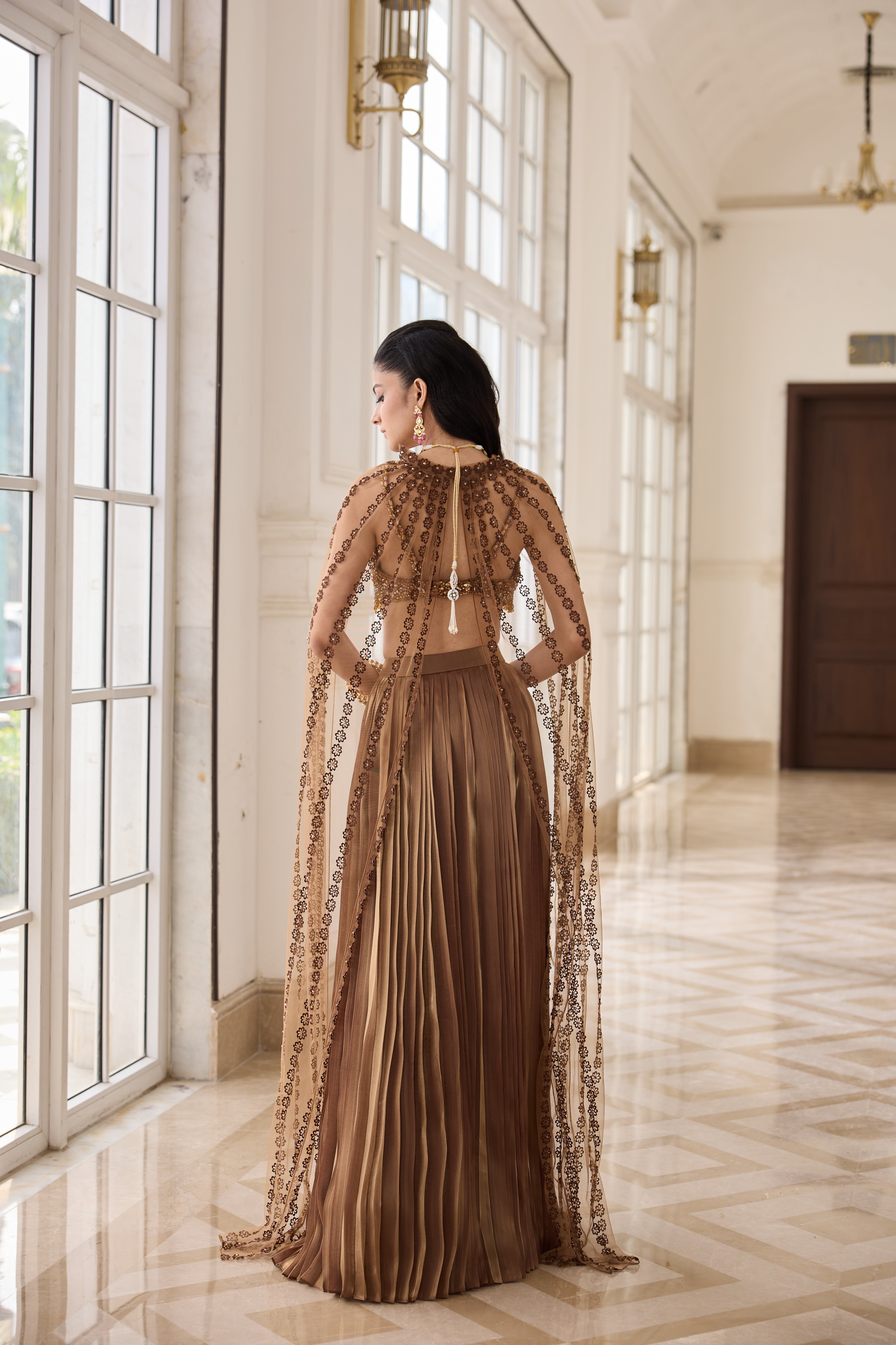 Gold Hand Embroidered Bustier with Butterfly wing and Pleated Skirt
