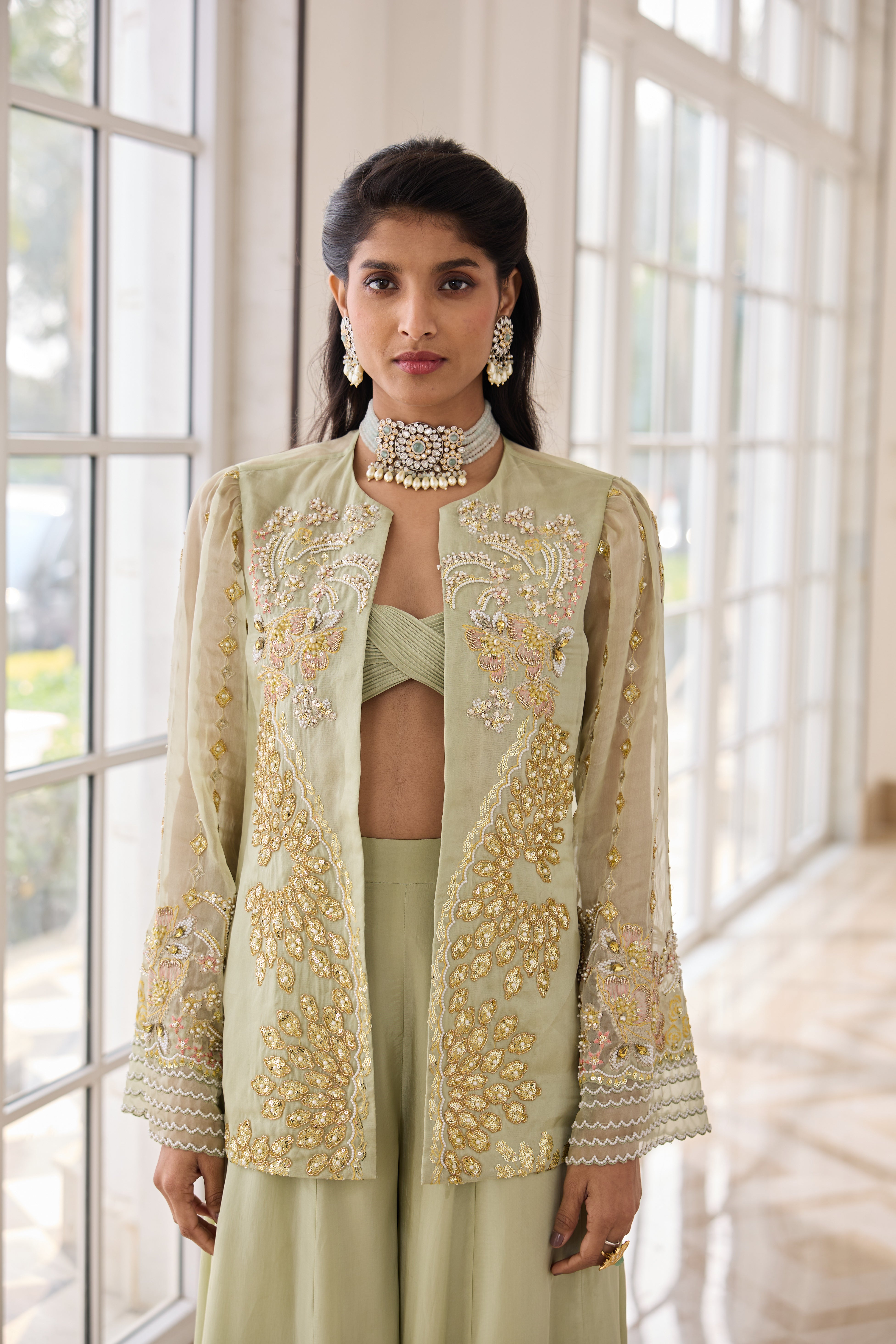Hand Embellished Jacket with Shahrara and Twisted Bralet - Misty Green