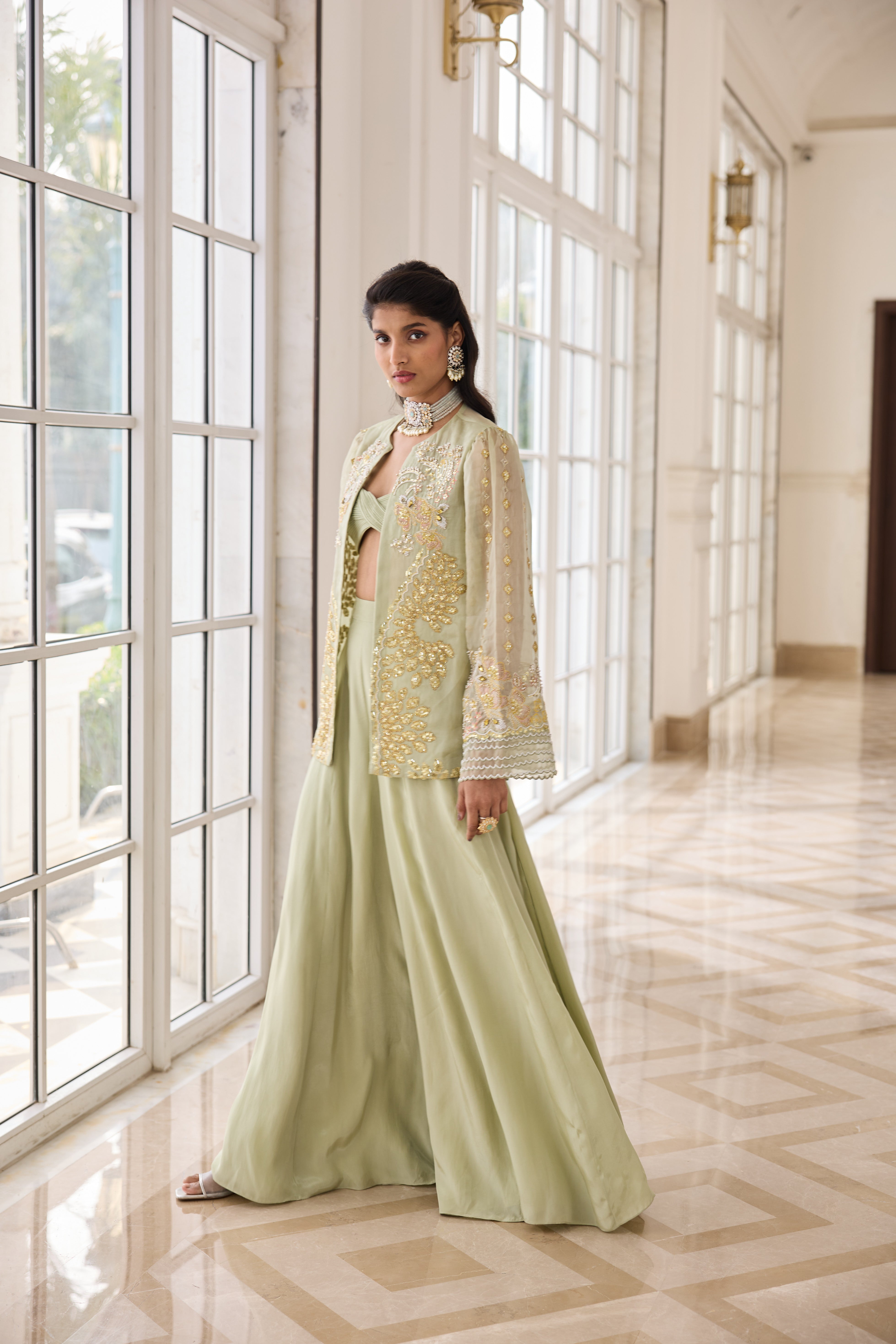 Hand Embellished Jacket with Shahrara and Twisted Bralet - Misty Green