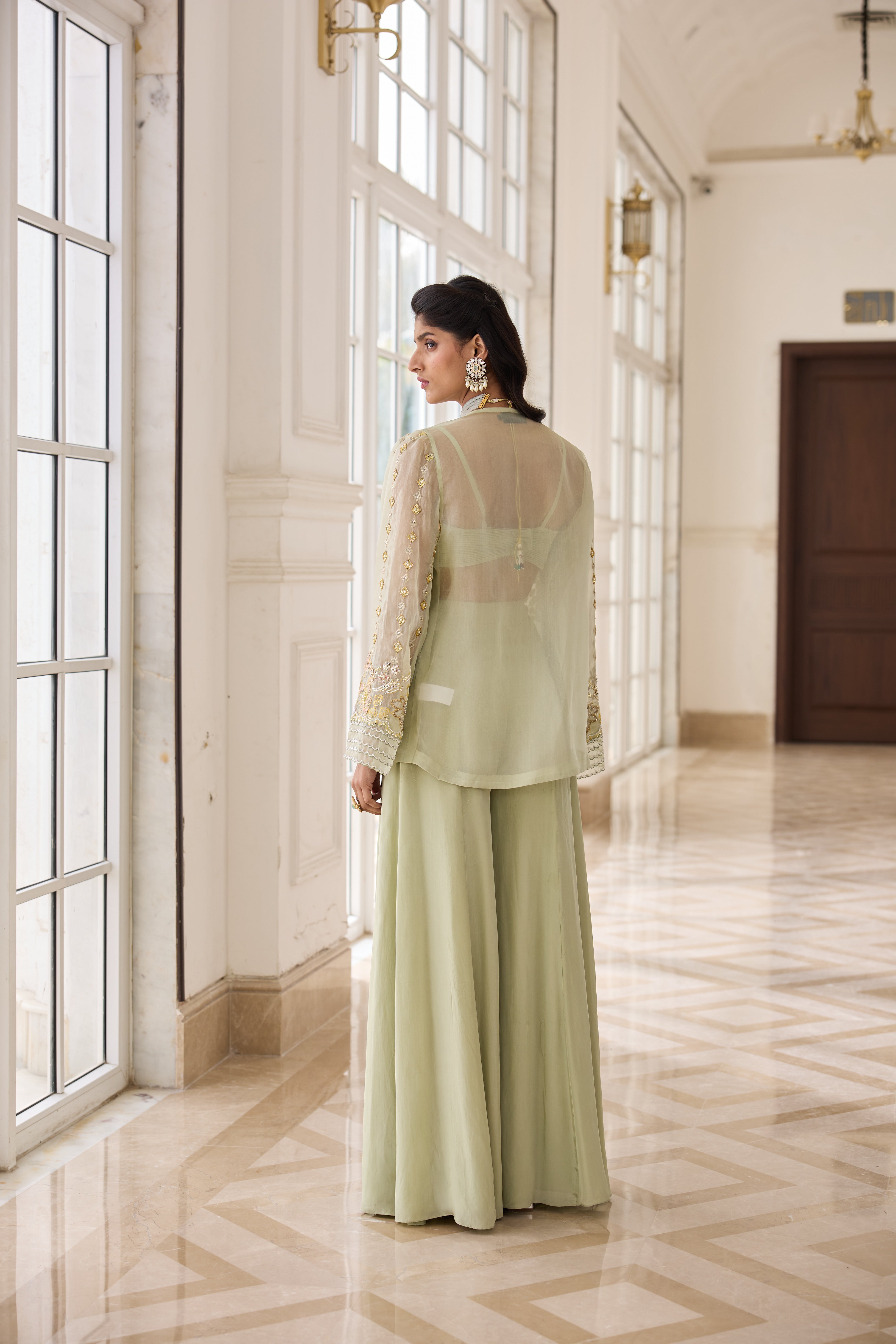 Hand Embellished Jacket with Shahrara and Twisted Bralet - Misty Green