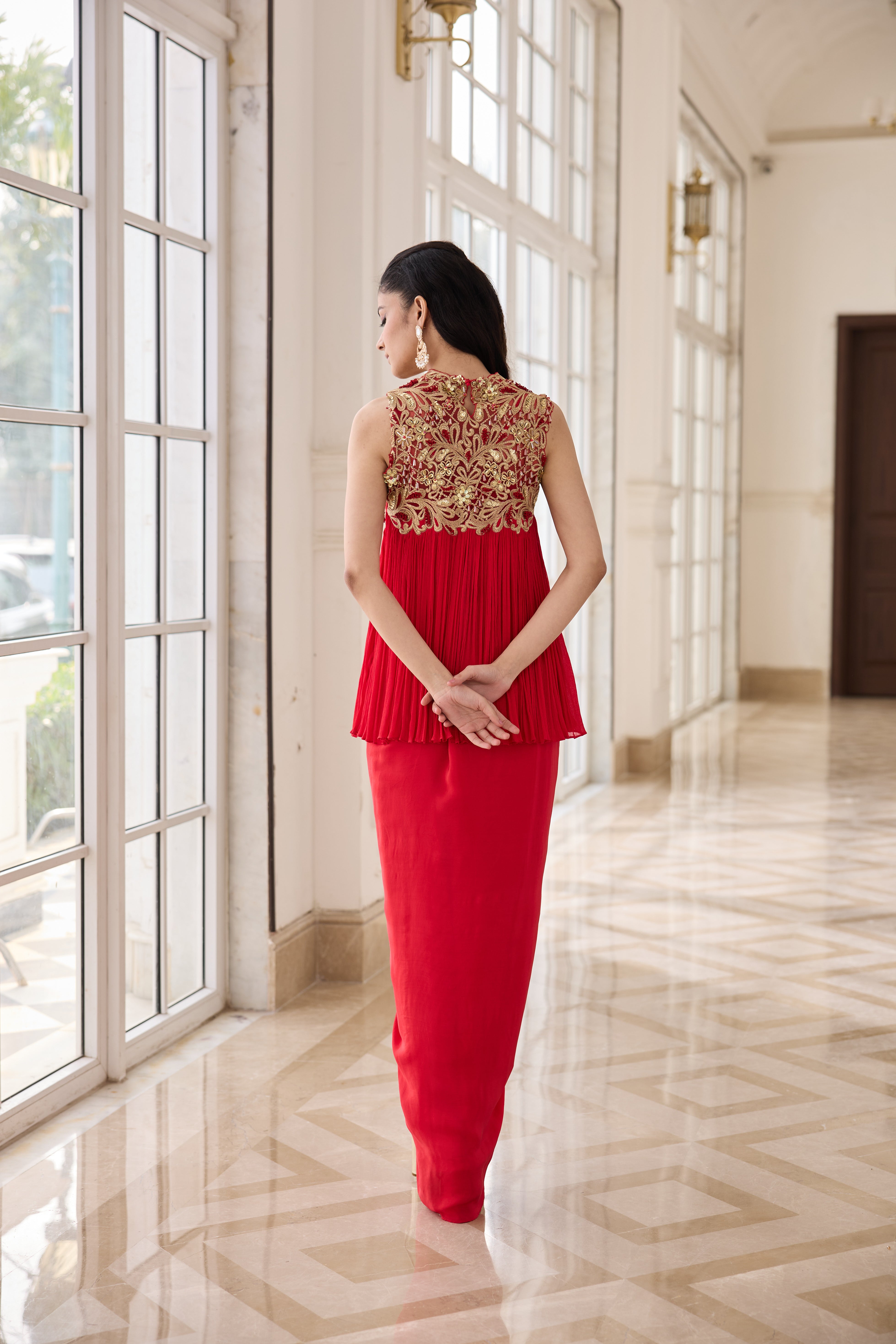 Hand Embelished Rushing Top with Dhoti skirt