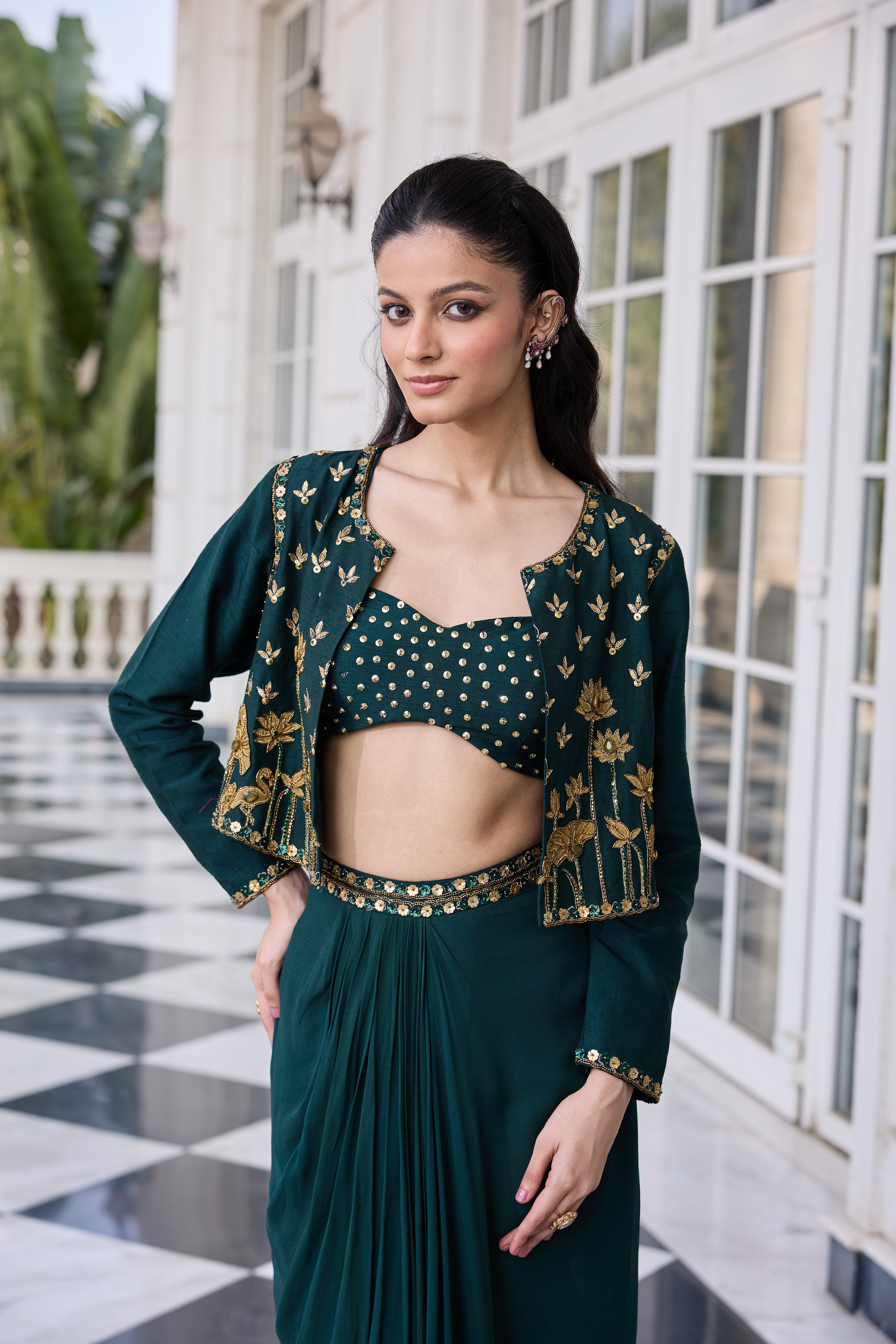 Hand-Embroidered Jacket with Bustier and Skirt