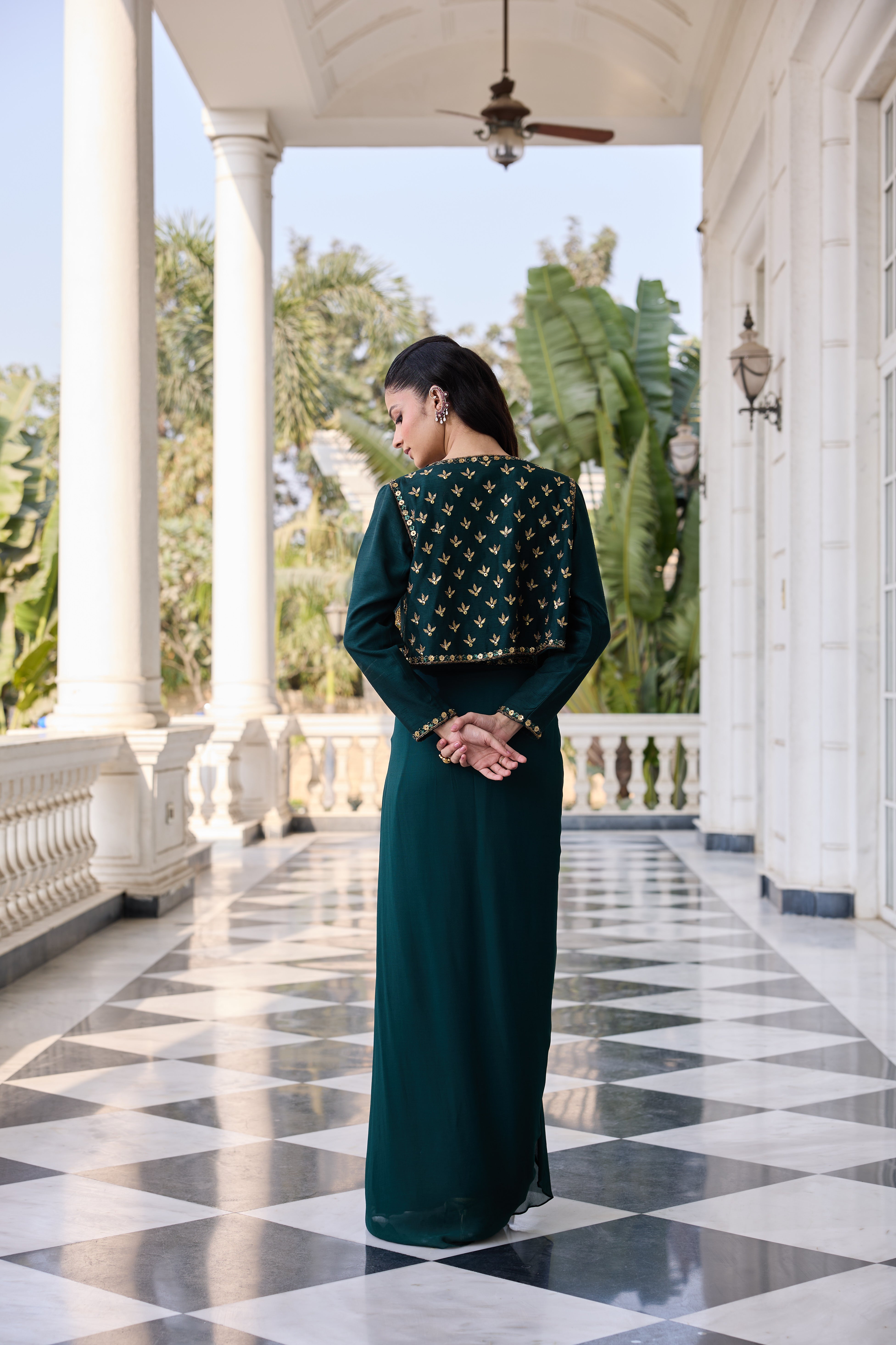 Emerald Green Hand-Embroidered Jacket with Bustier and Skirt