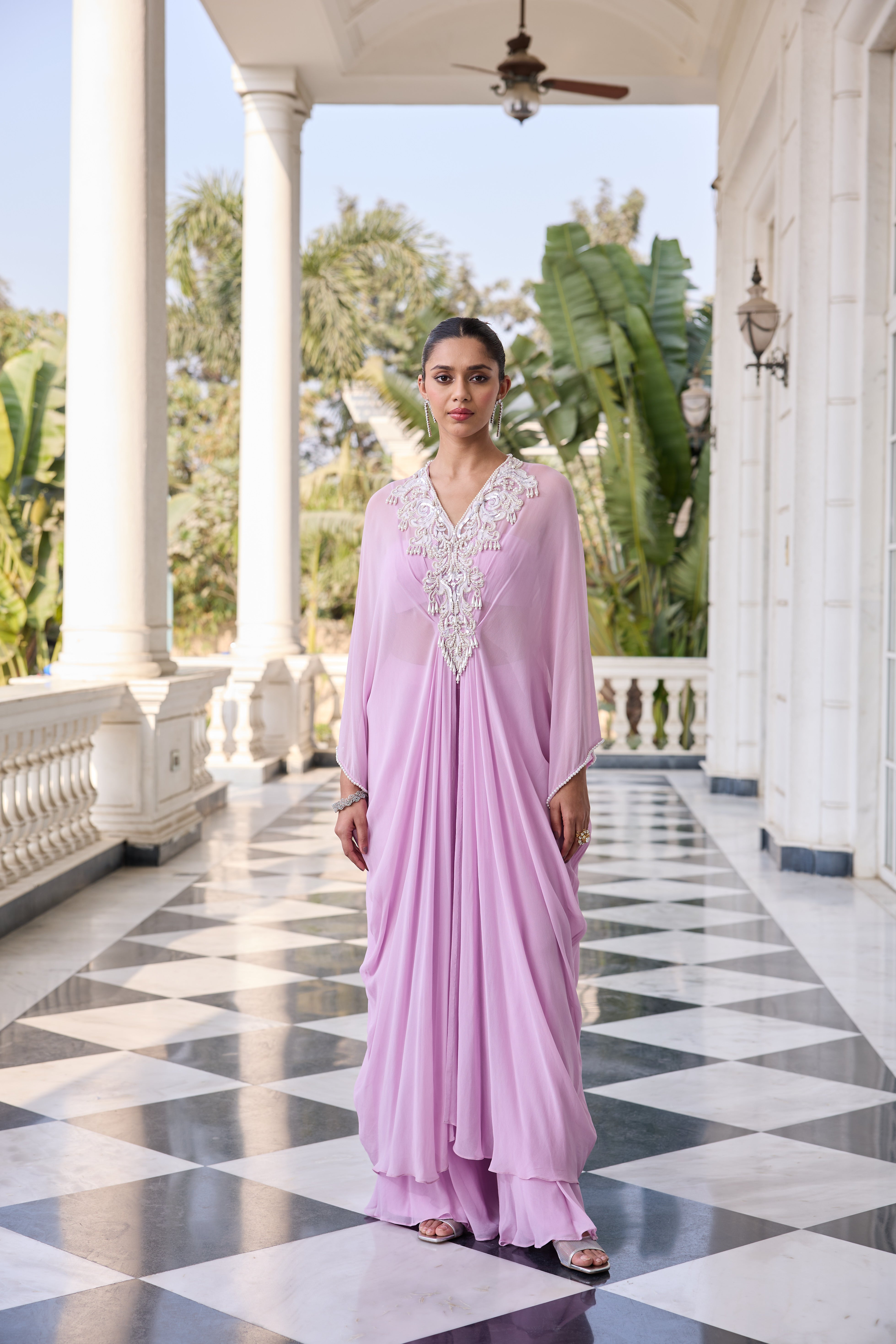 Hand-Embelished Pearl Kaftan Co-ord Set