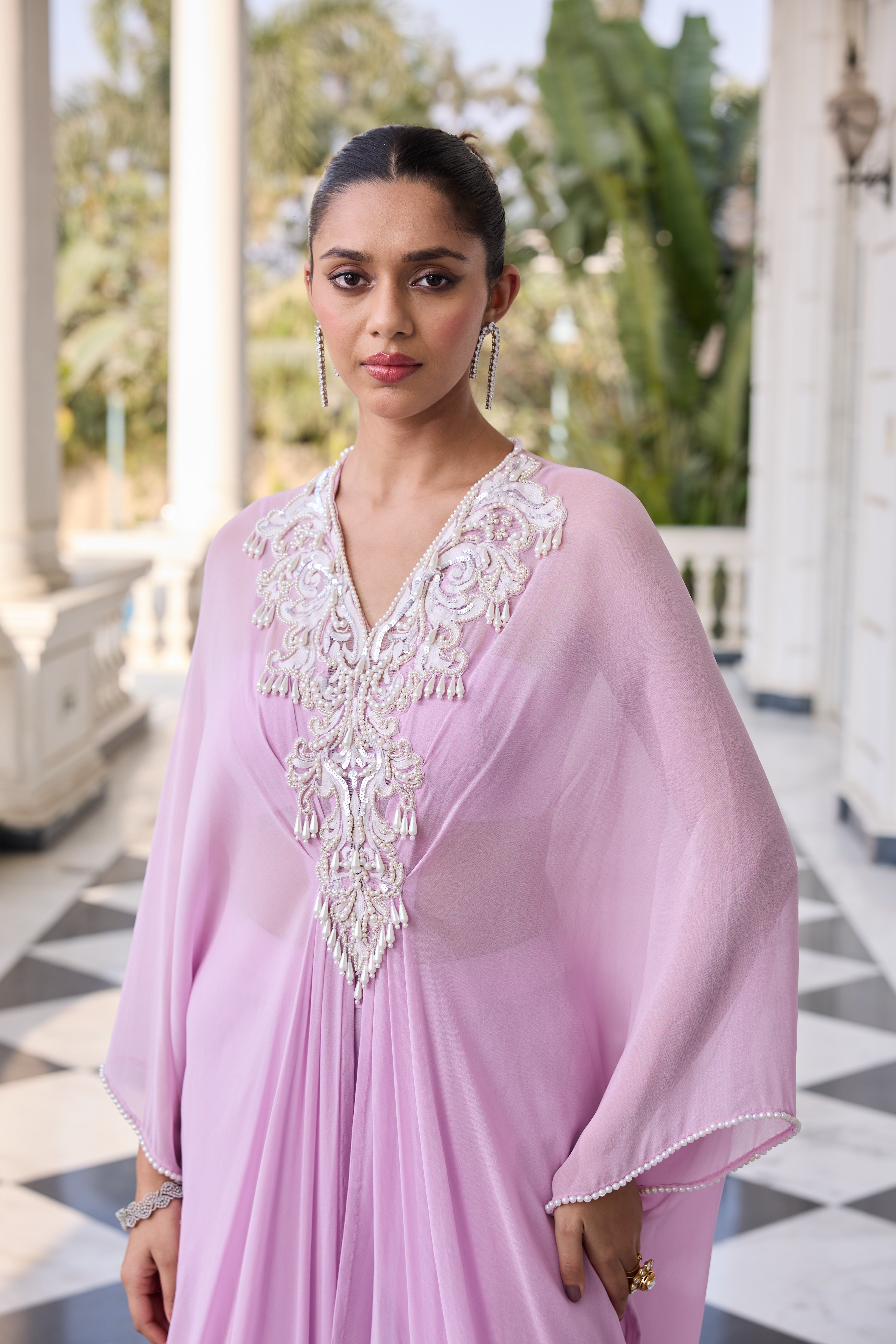 Hand-Embelished Pearl Kaftan Co-ord Set