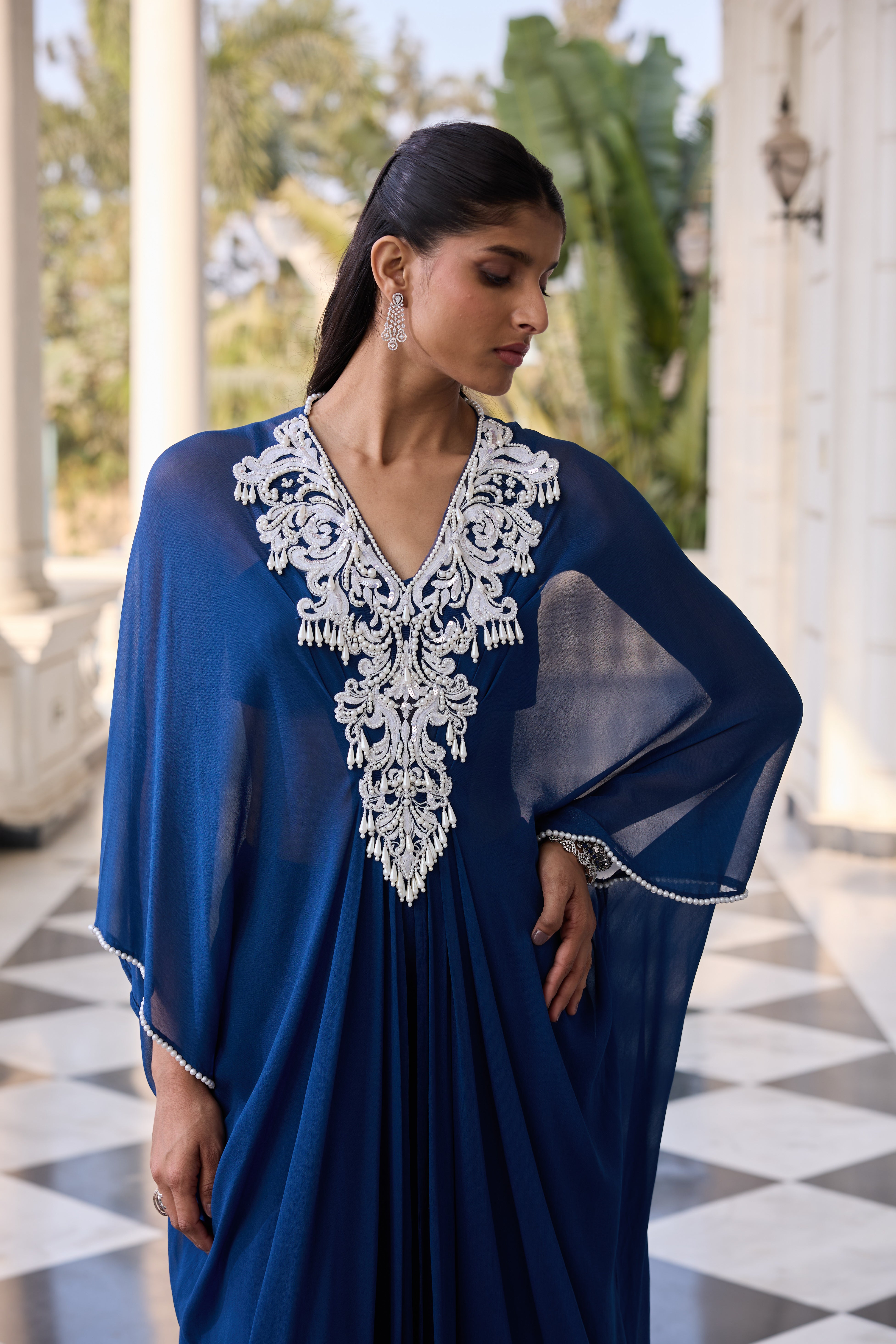 Hand-Embelished Pearl Kaftan Co-ord Set