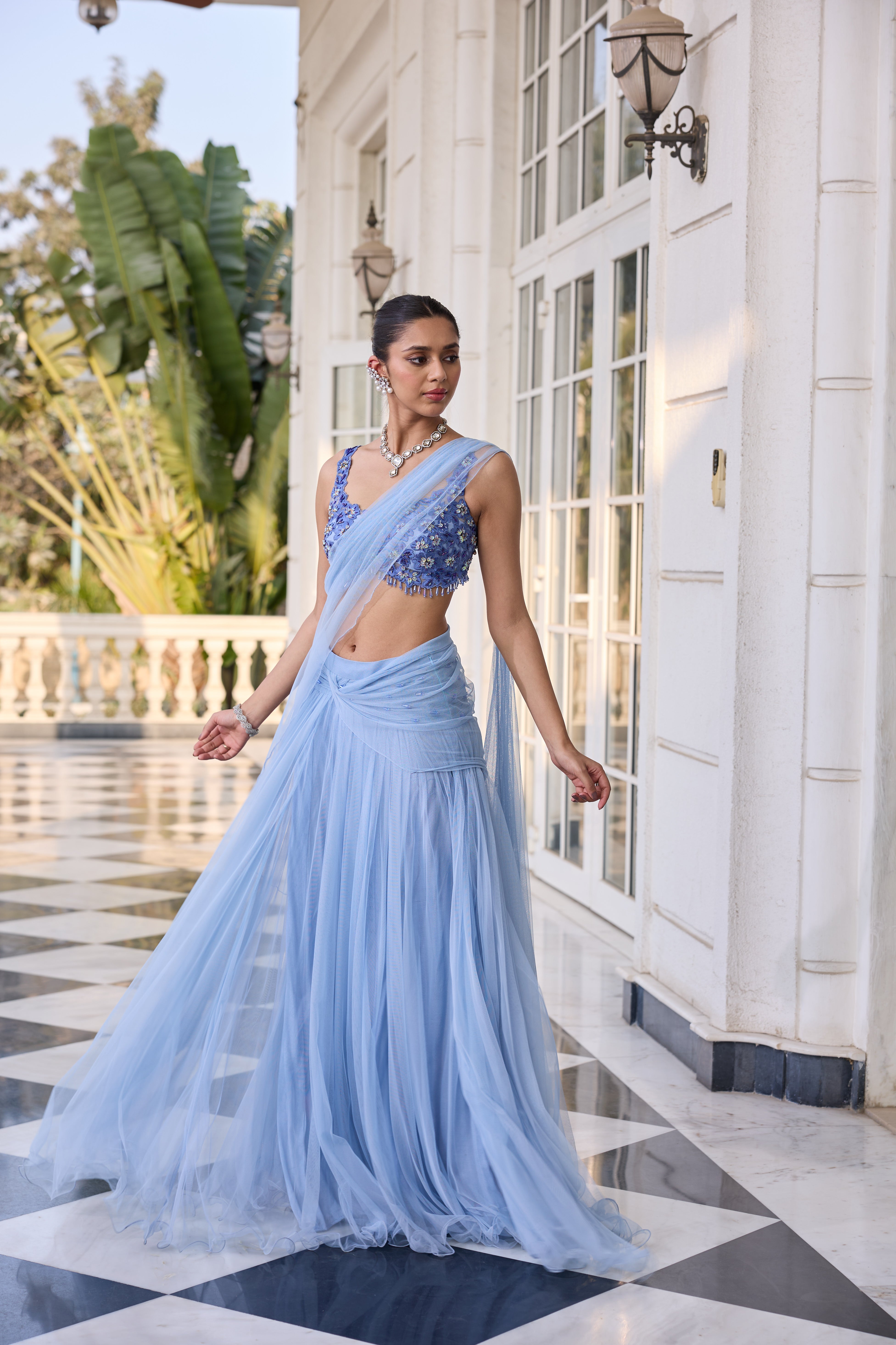 Hand-Embroidered Blouse with Draped Saree