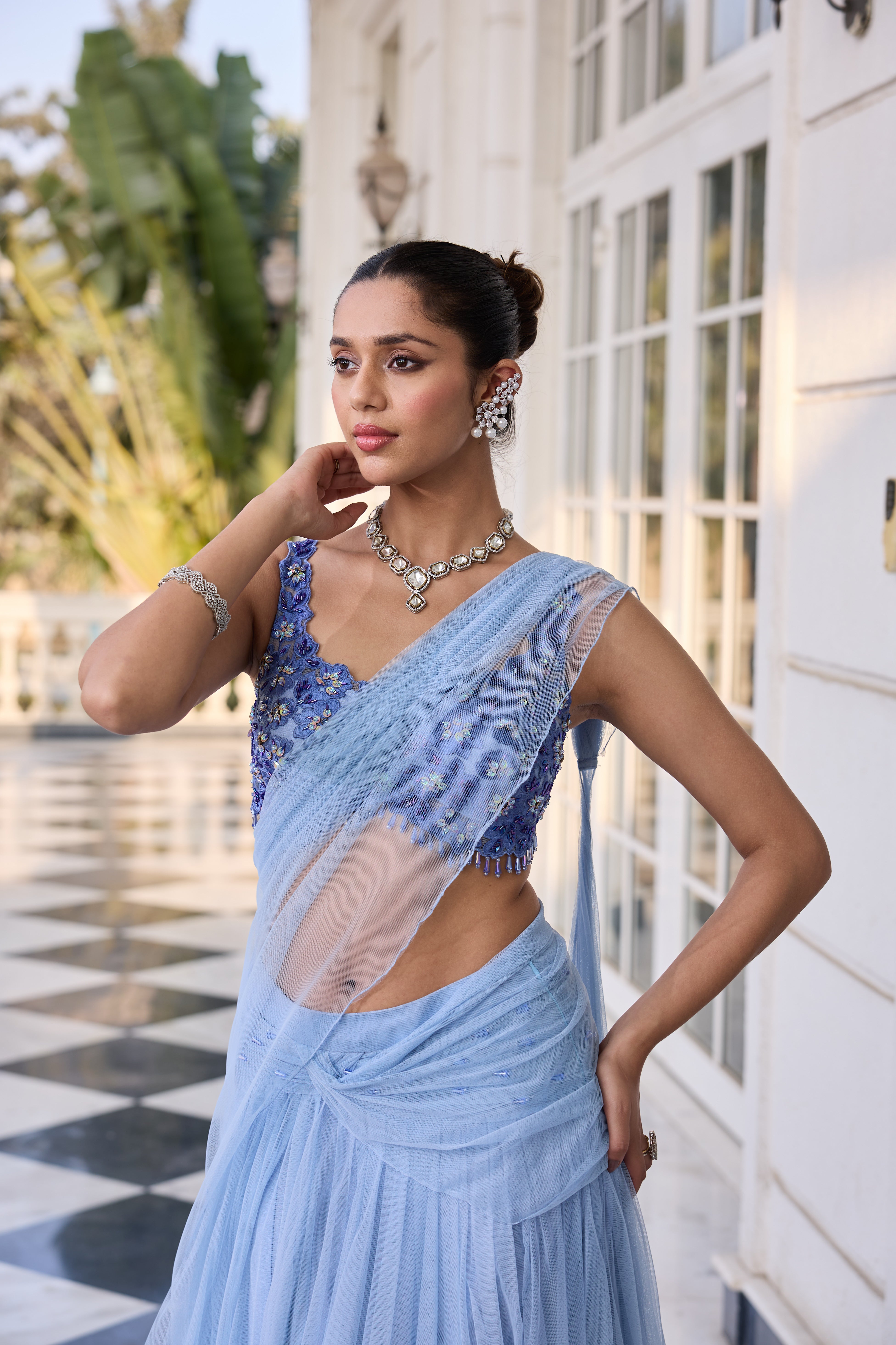 Hand-Embroidered Blouse with Draped Saree