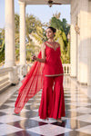 Royal Red Hand Embroidered Short Kurta with Sharara