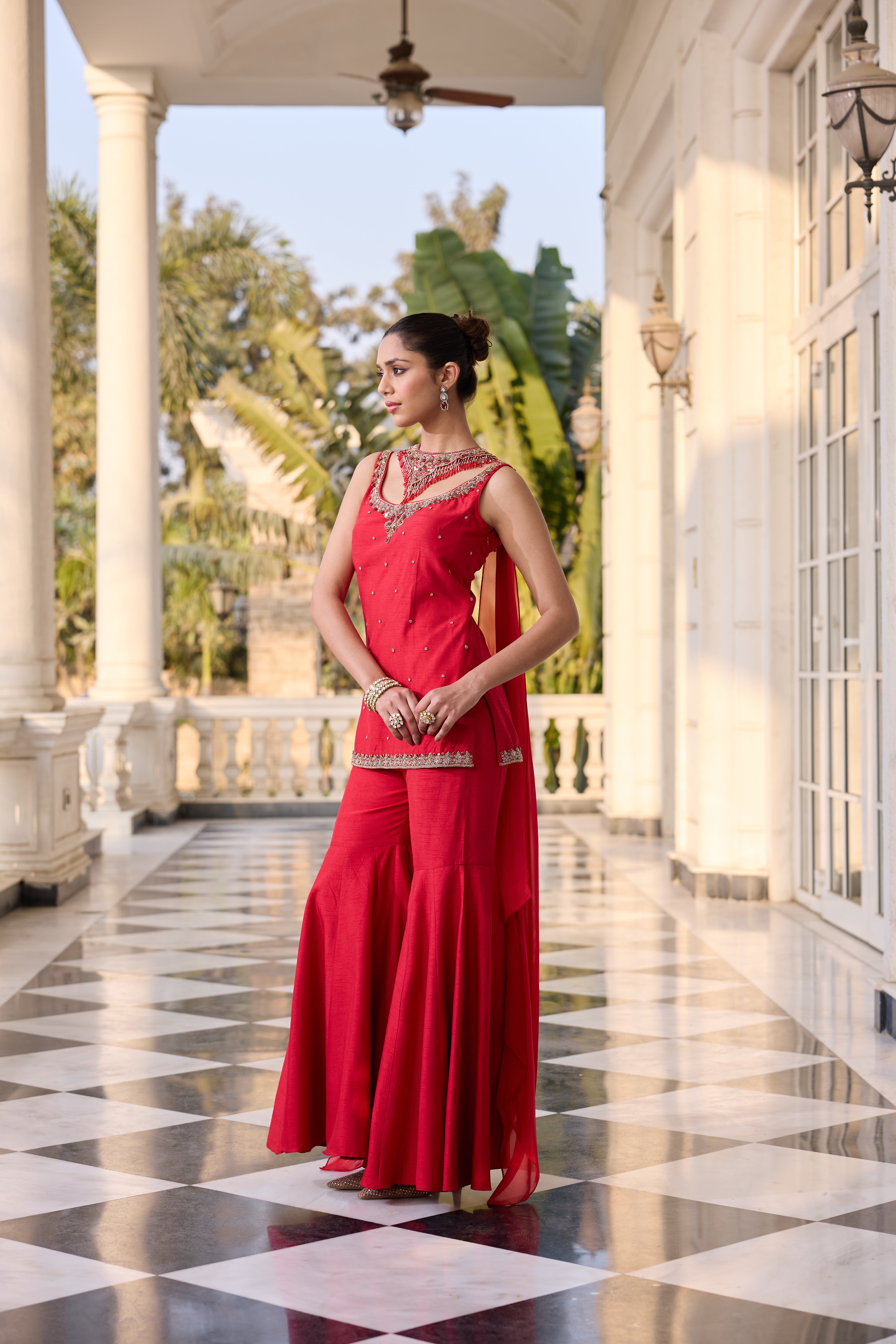 Royal Red Hand Embroidered Short Kurta with Sharara