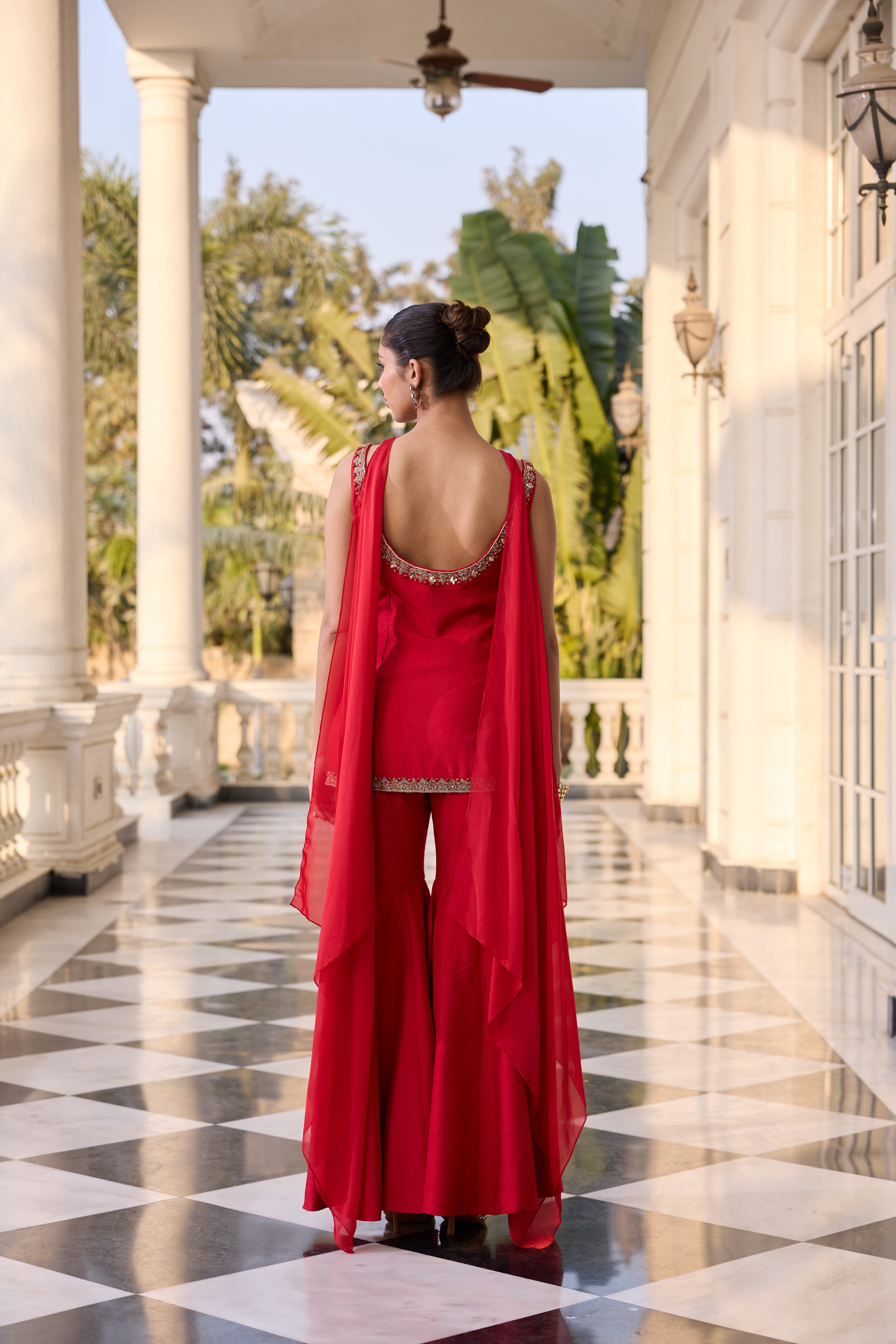 Royal Red Hand Embroidered Short Kurta with Sharara