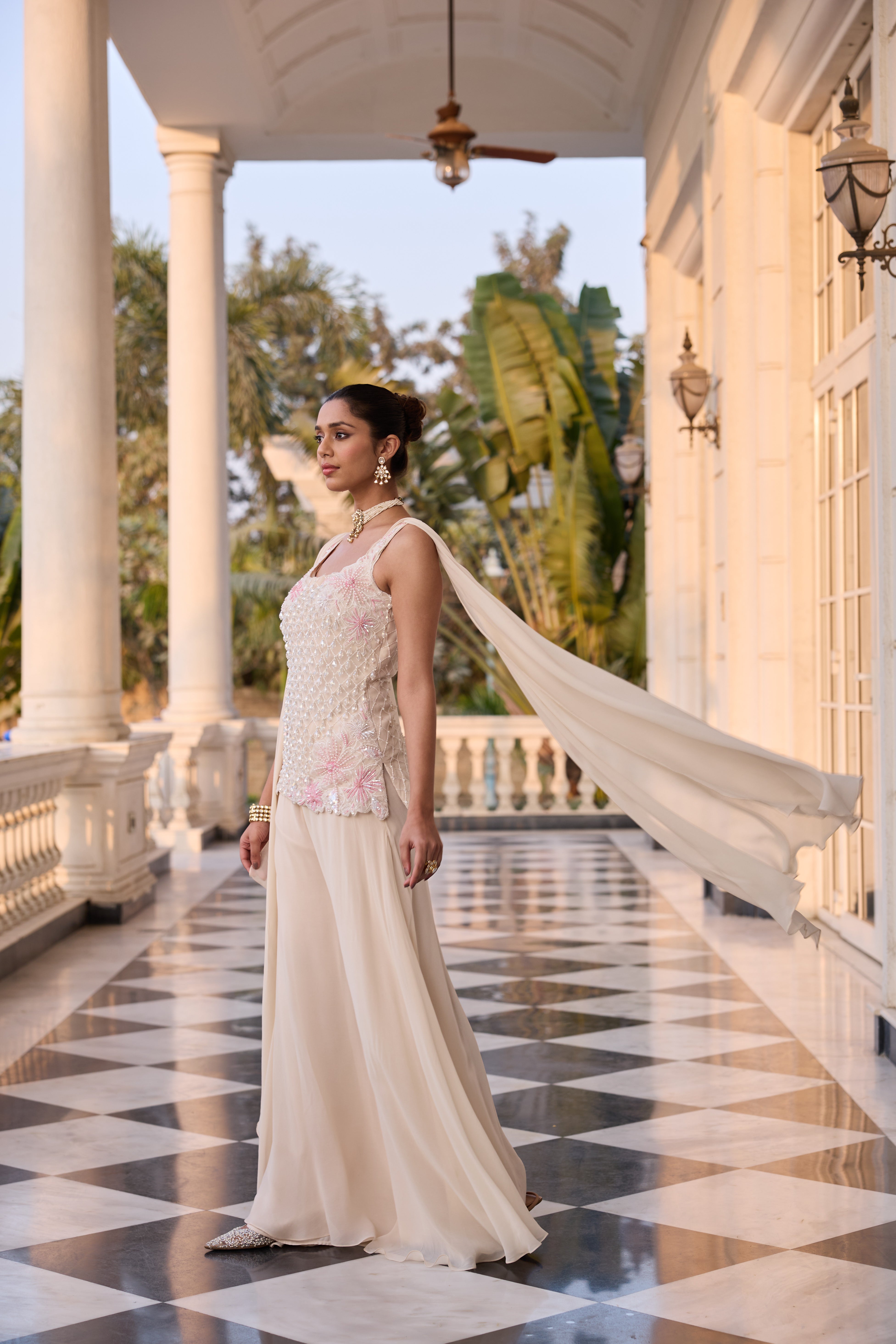 Hand-Embroidered Glass Pearls Draped Kurta with Fluid Trousers