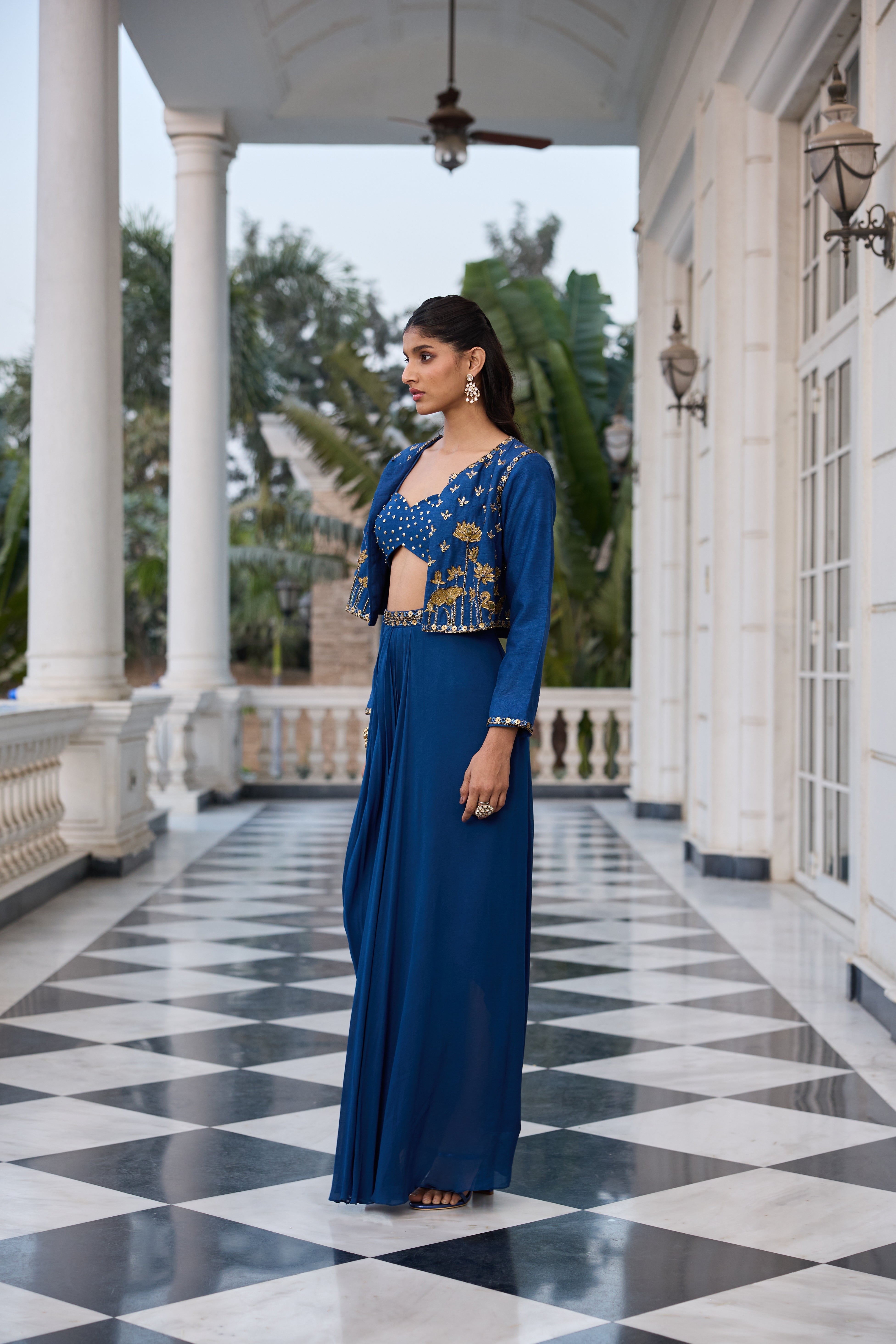Hand-Embroidered Jacket with Bustier and Skirt