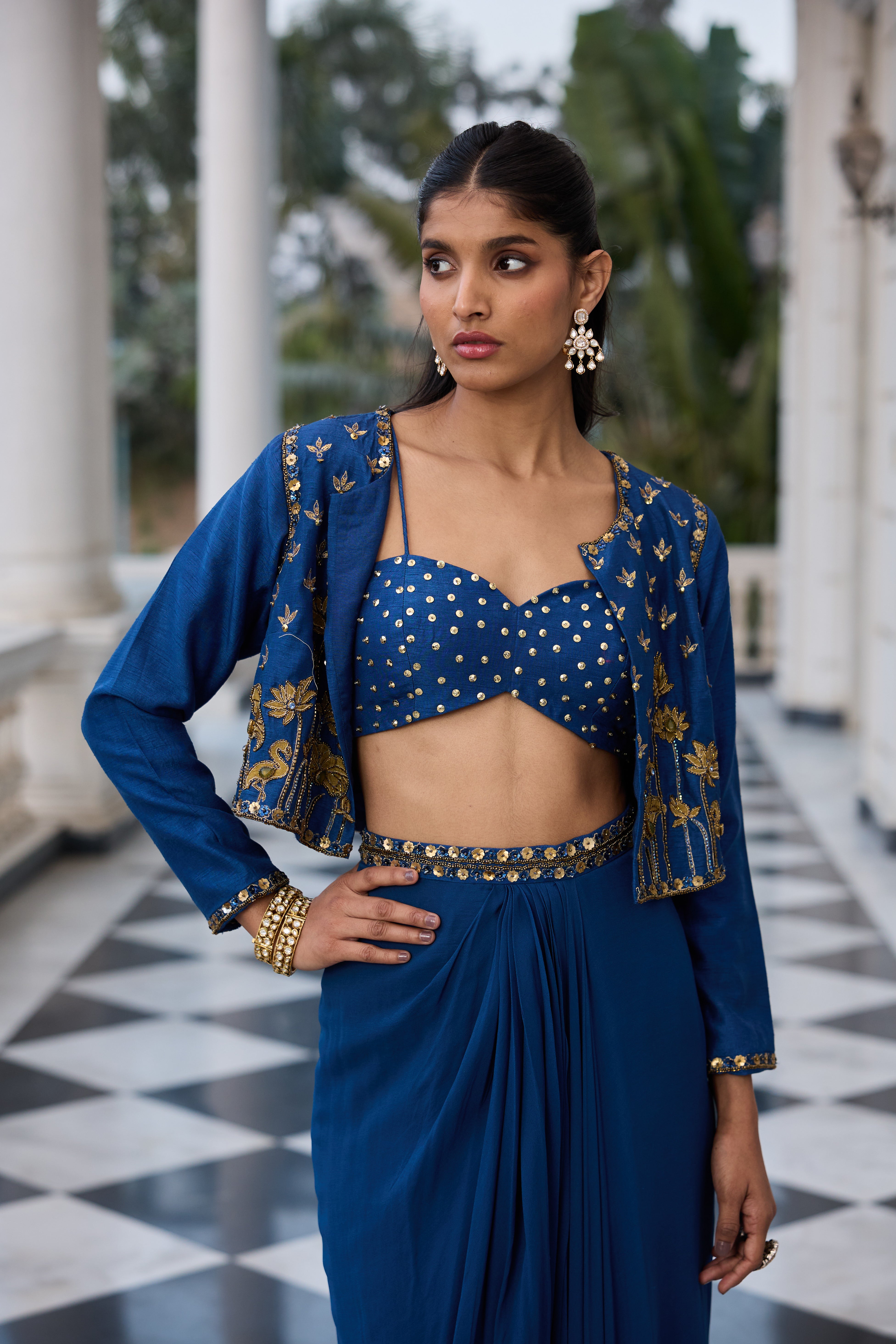 Hand-Embroidered Jacket with Bustier and Skirt