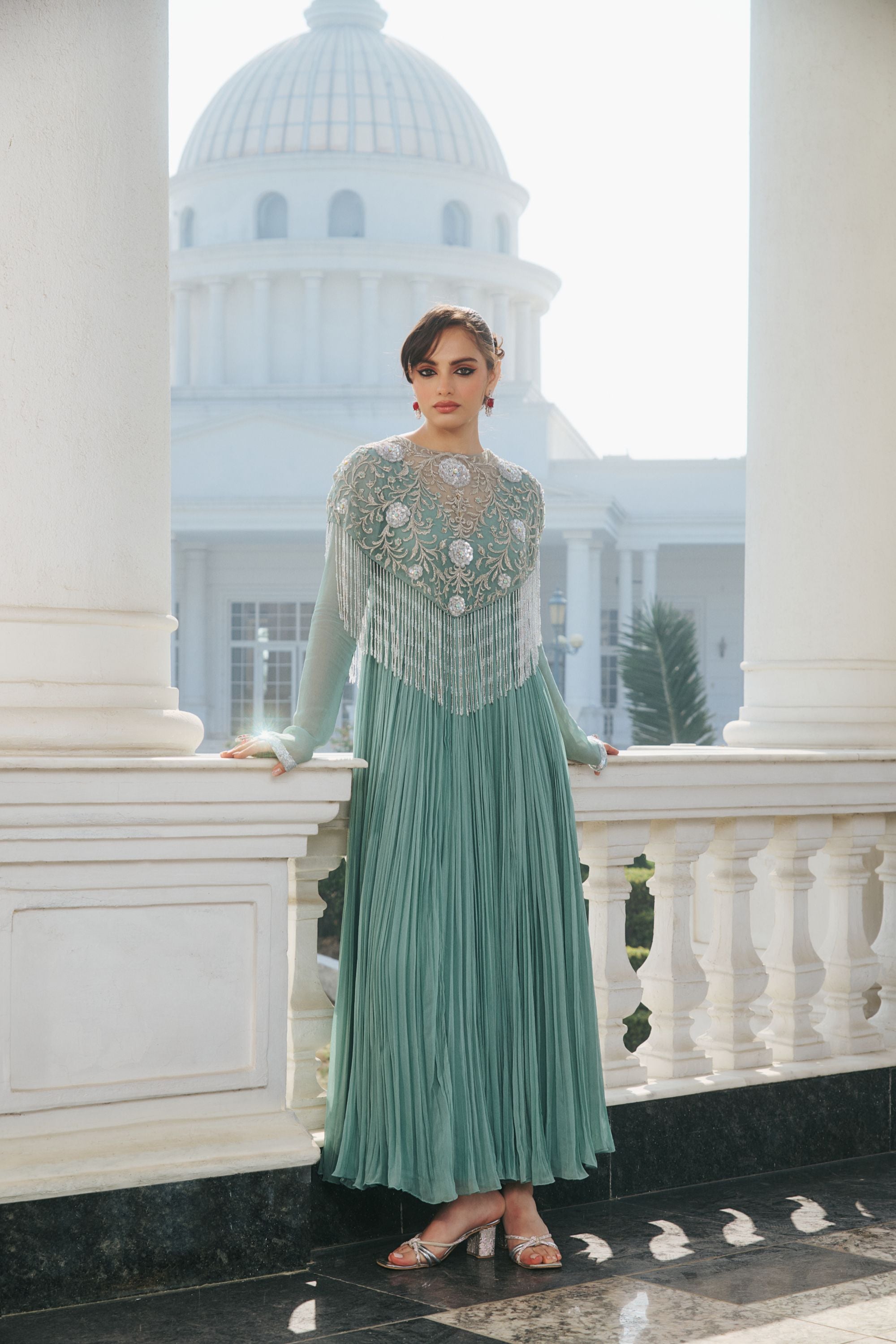 Hand Embelished Rushing Anarkali and Cape