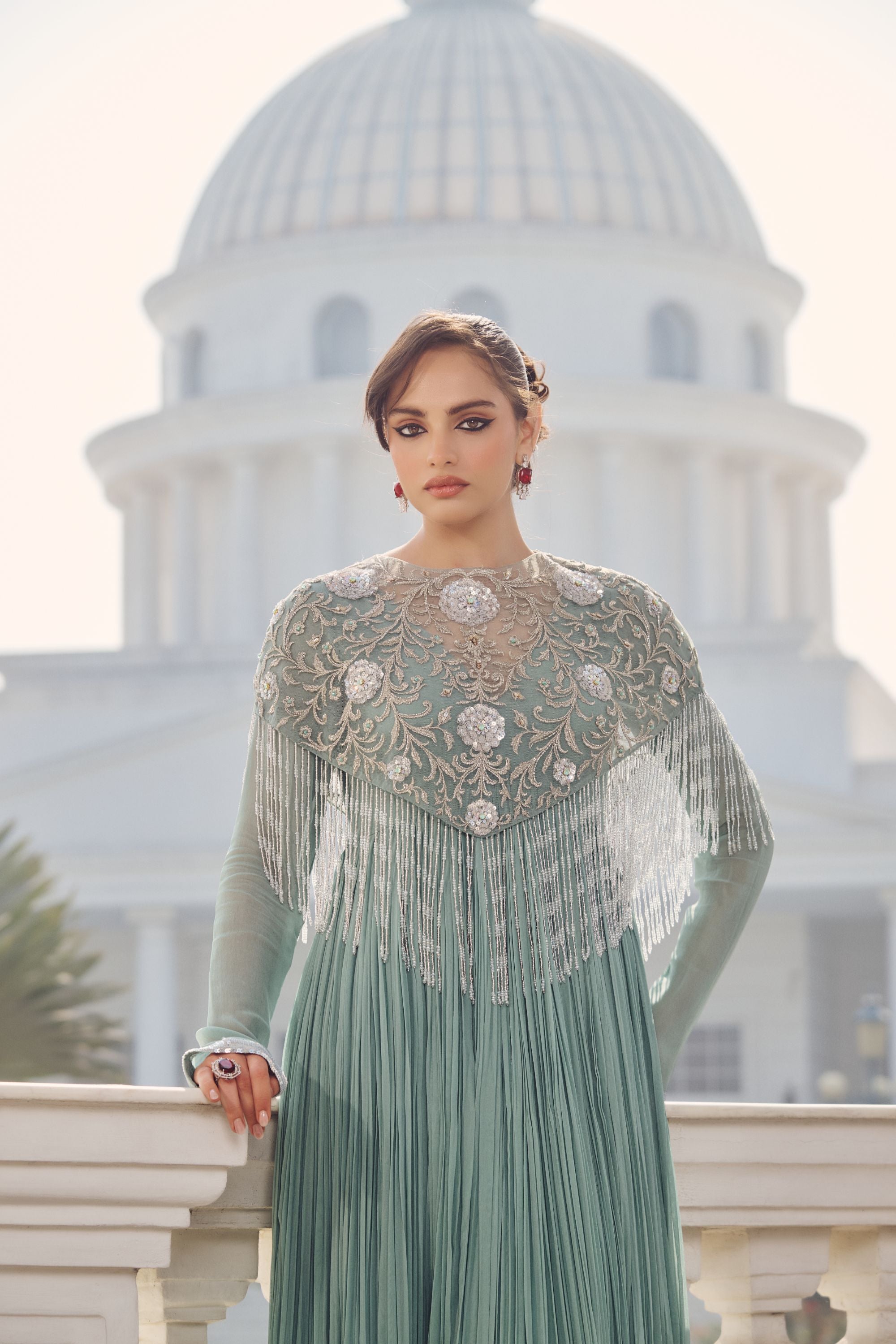 Hand Embelished Rushing Anarkali and Cape