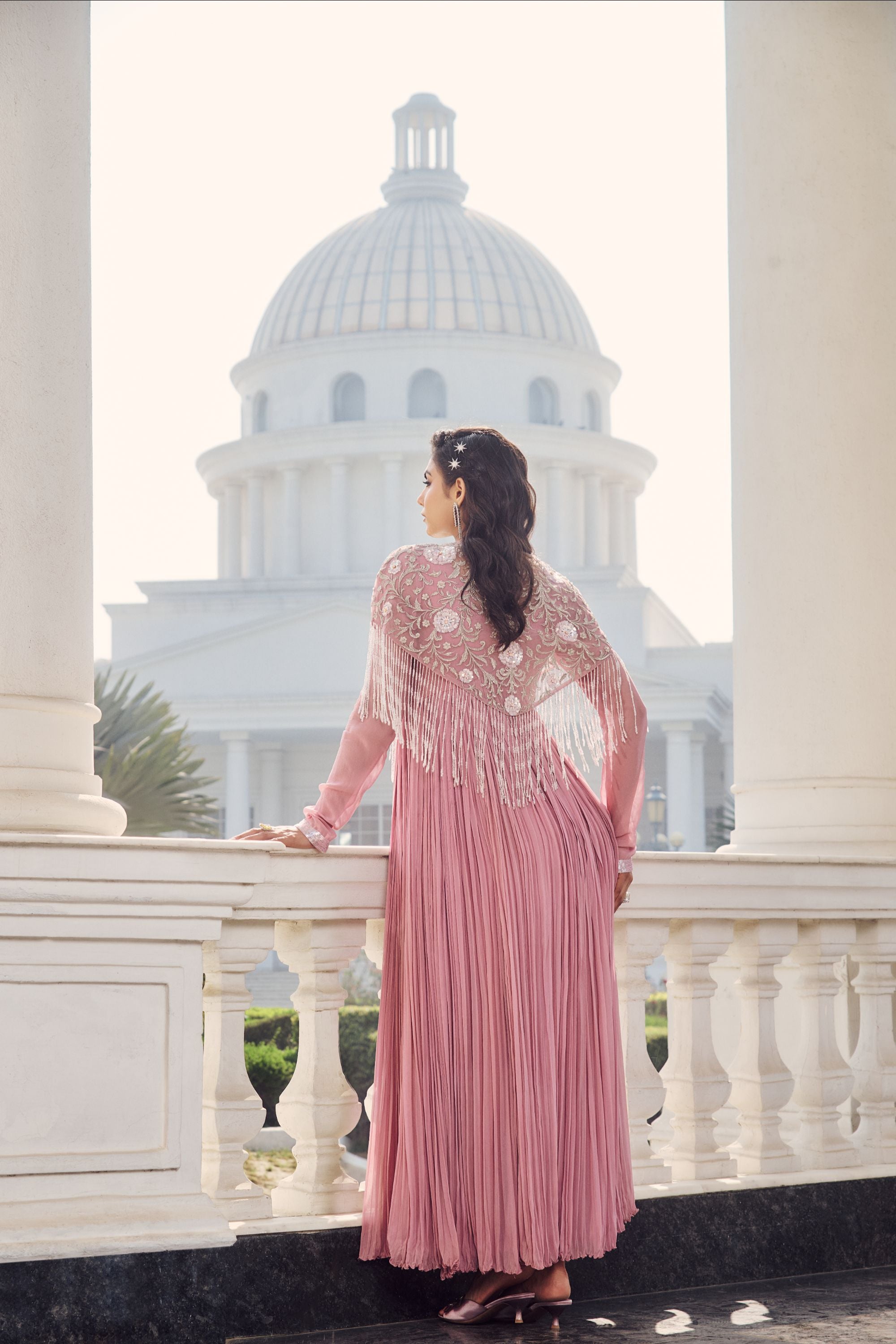 Pink Hand Embroidered Rushing Anarkali and Cape