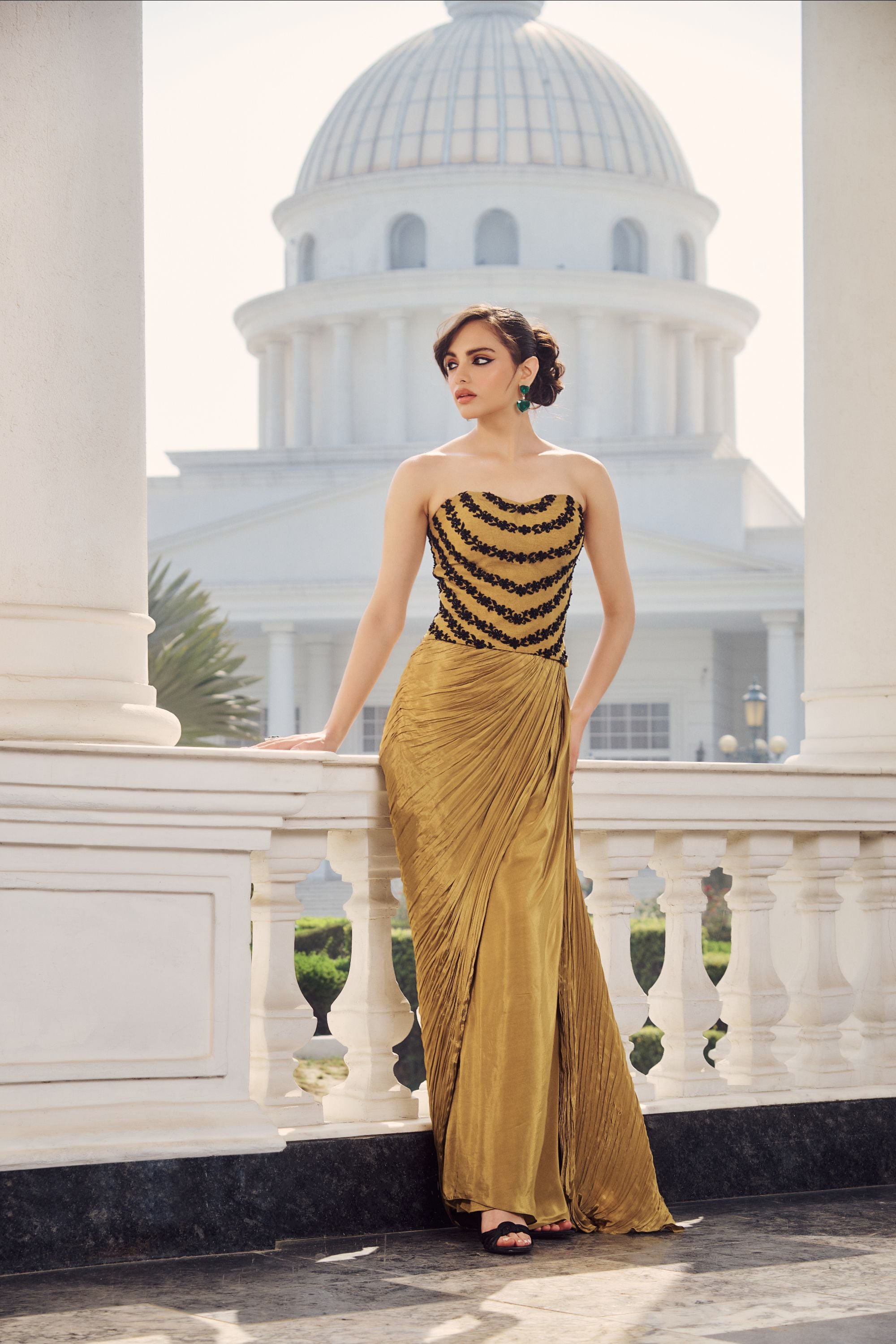 Hand Embelished Corset with Draped Skirt