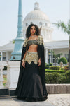 Black Hand Embroidered and Dori-work Cape with Bustier and Fishcut Lehenga