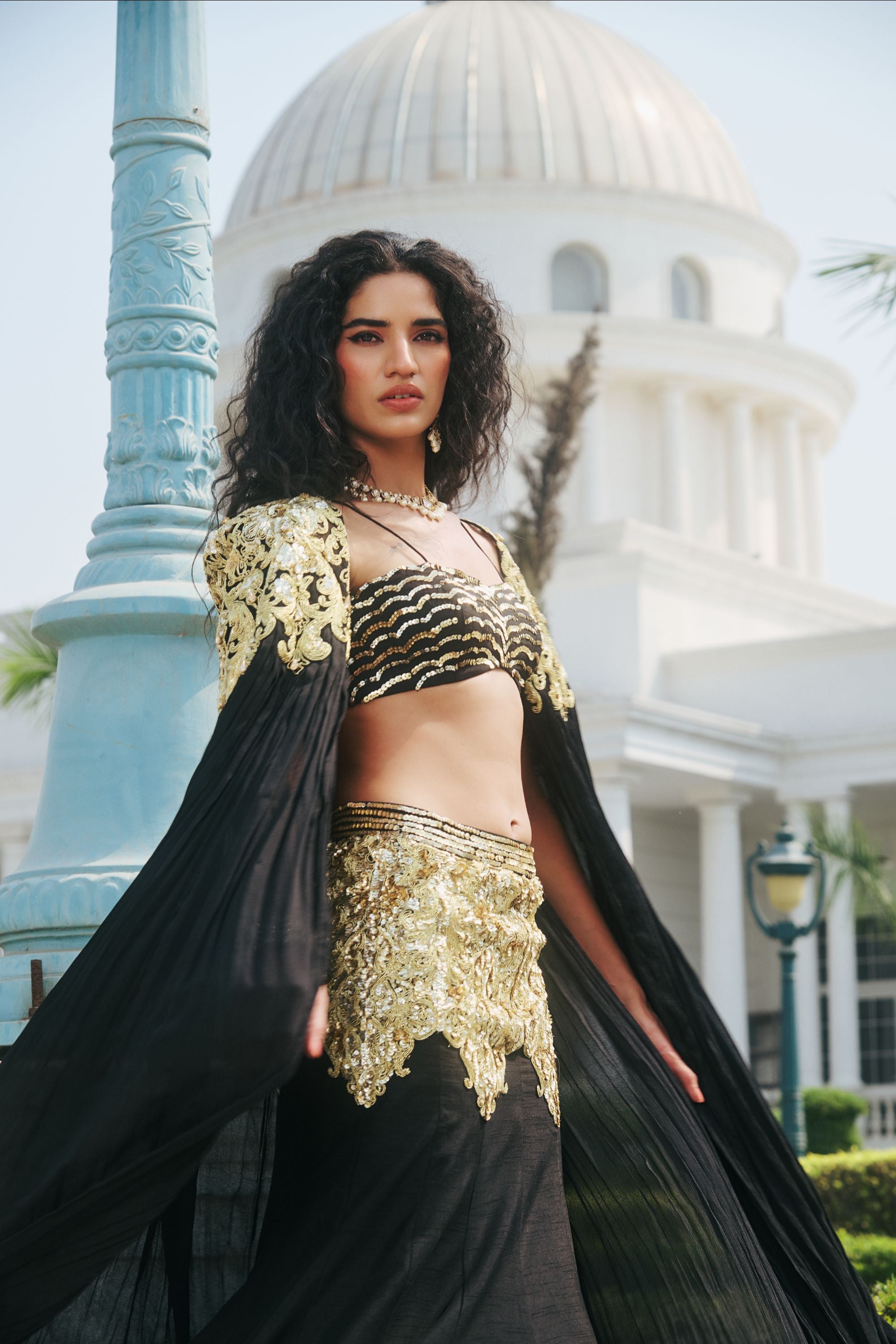 Hand Embelished and Dori-work Cape with Bustier and Fishcut Lehenga