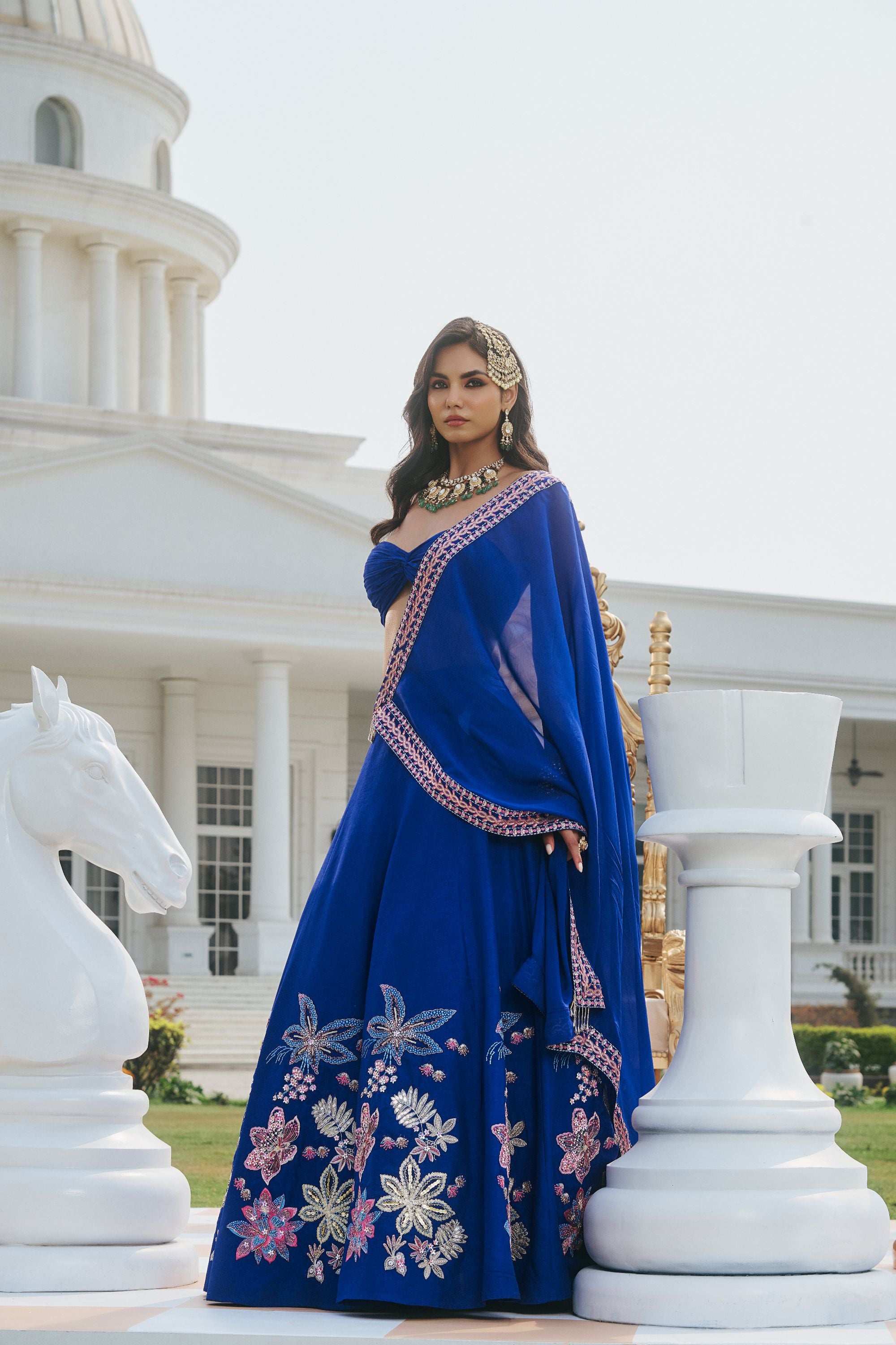 Hand Embellished Lehenga with Twisted Bustier and Dupatta - Deep Blue