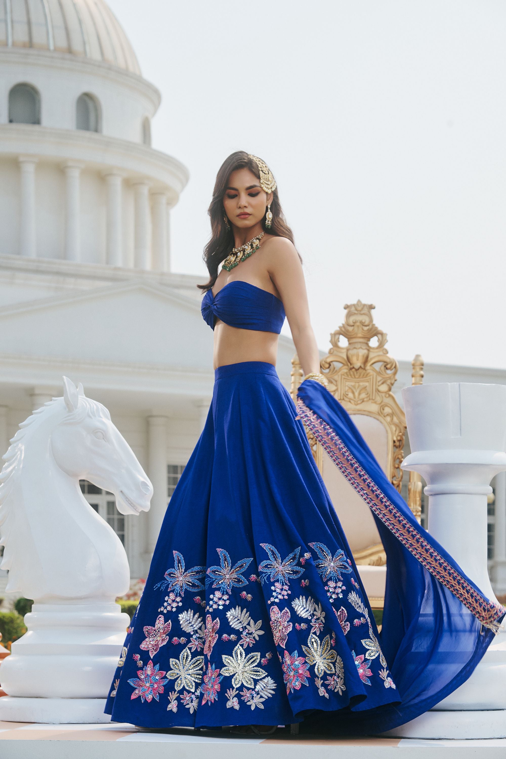 Hand Embellished Lehenga with Twisted Bustier and Dupatta - Deep Blue