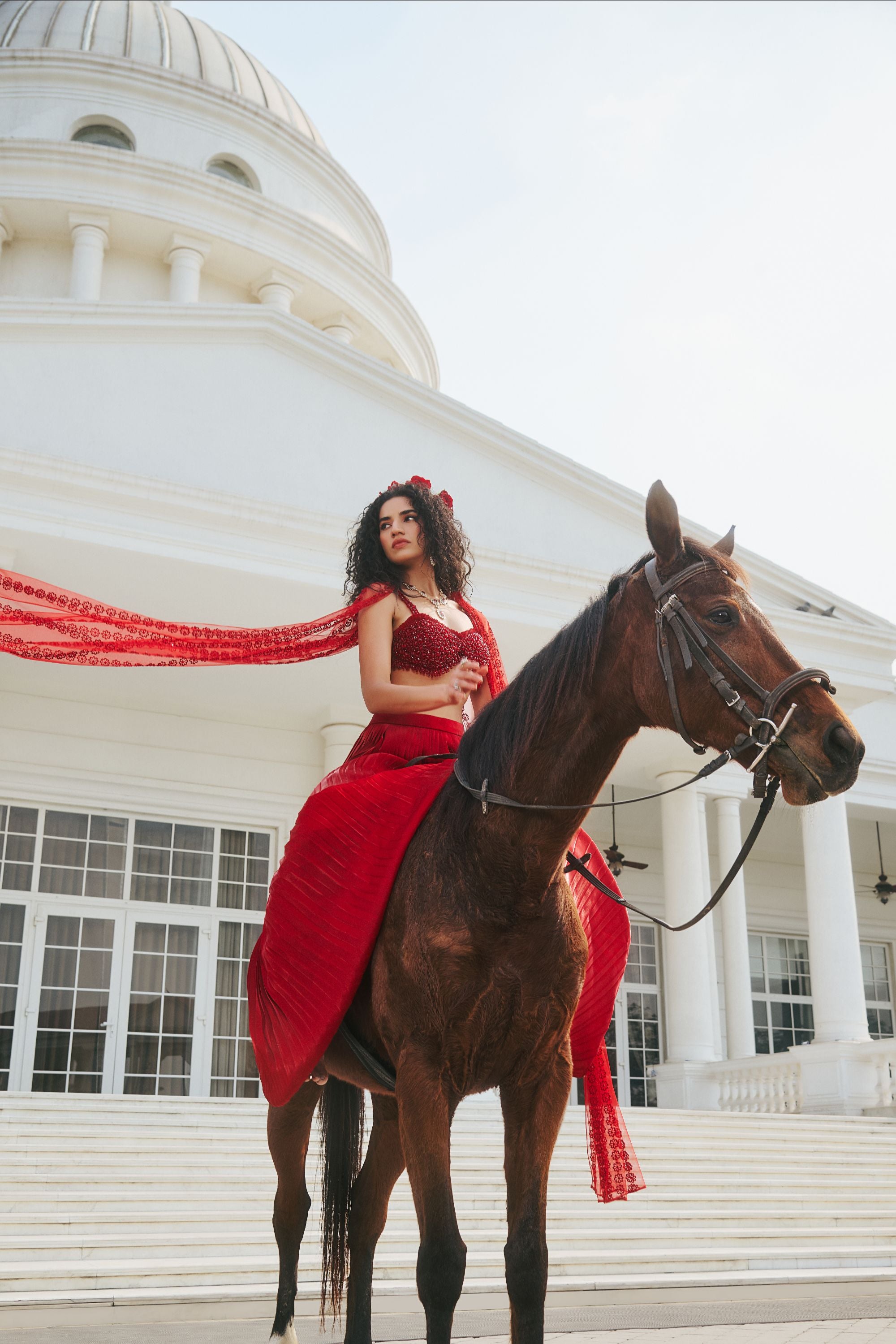 Royal Red Hand-Embroidered Butterfly Bustier and Pleated Lehenga
