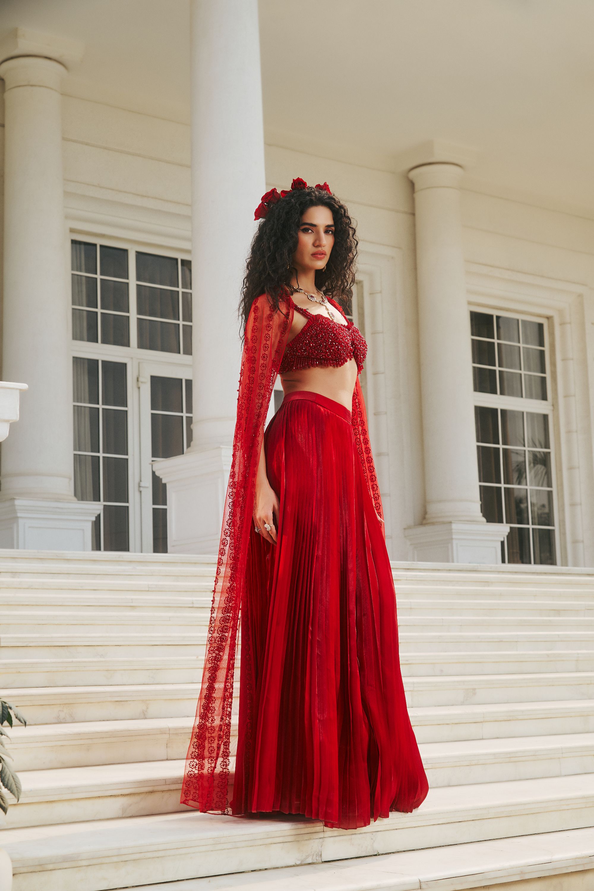 Royal Red Hand-Embroidered Butterfly Bustier and Pleated Lehenga