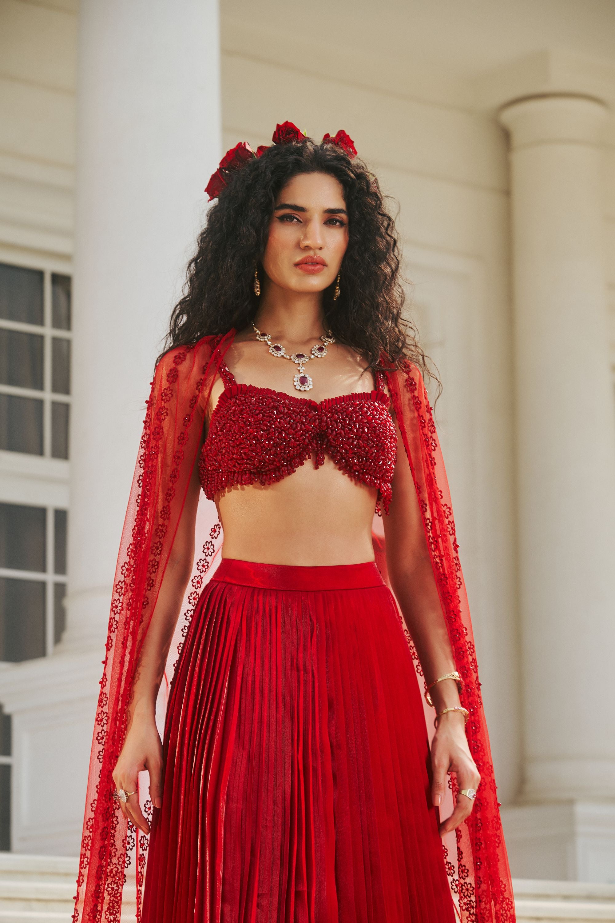 Royal Red Hand-Embroidered Butterfly Bustier and Pleated Lehenga