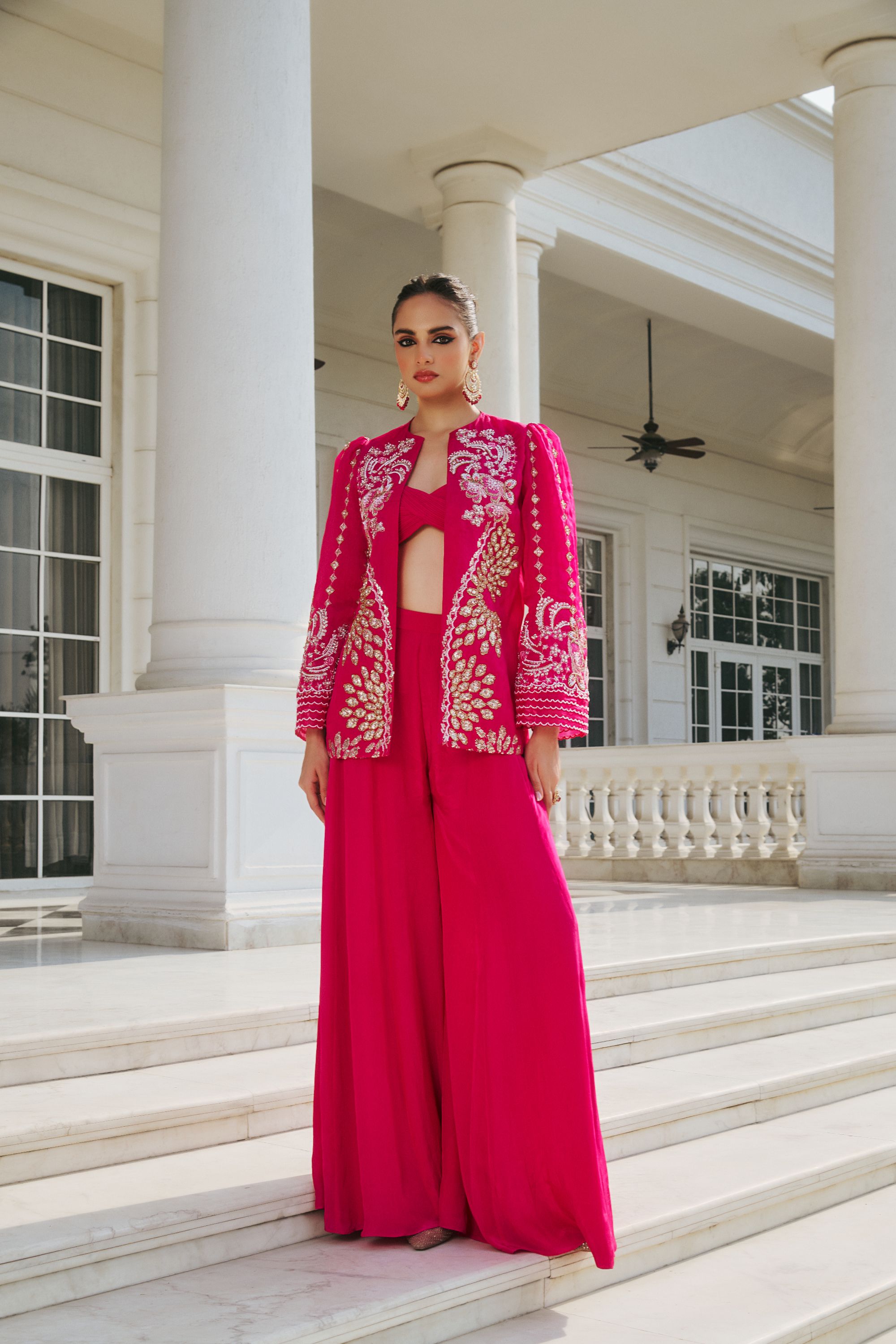 Hand Embellished Jacket with Shahrara and Twisted Bralet - Fuchsia Pink