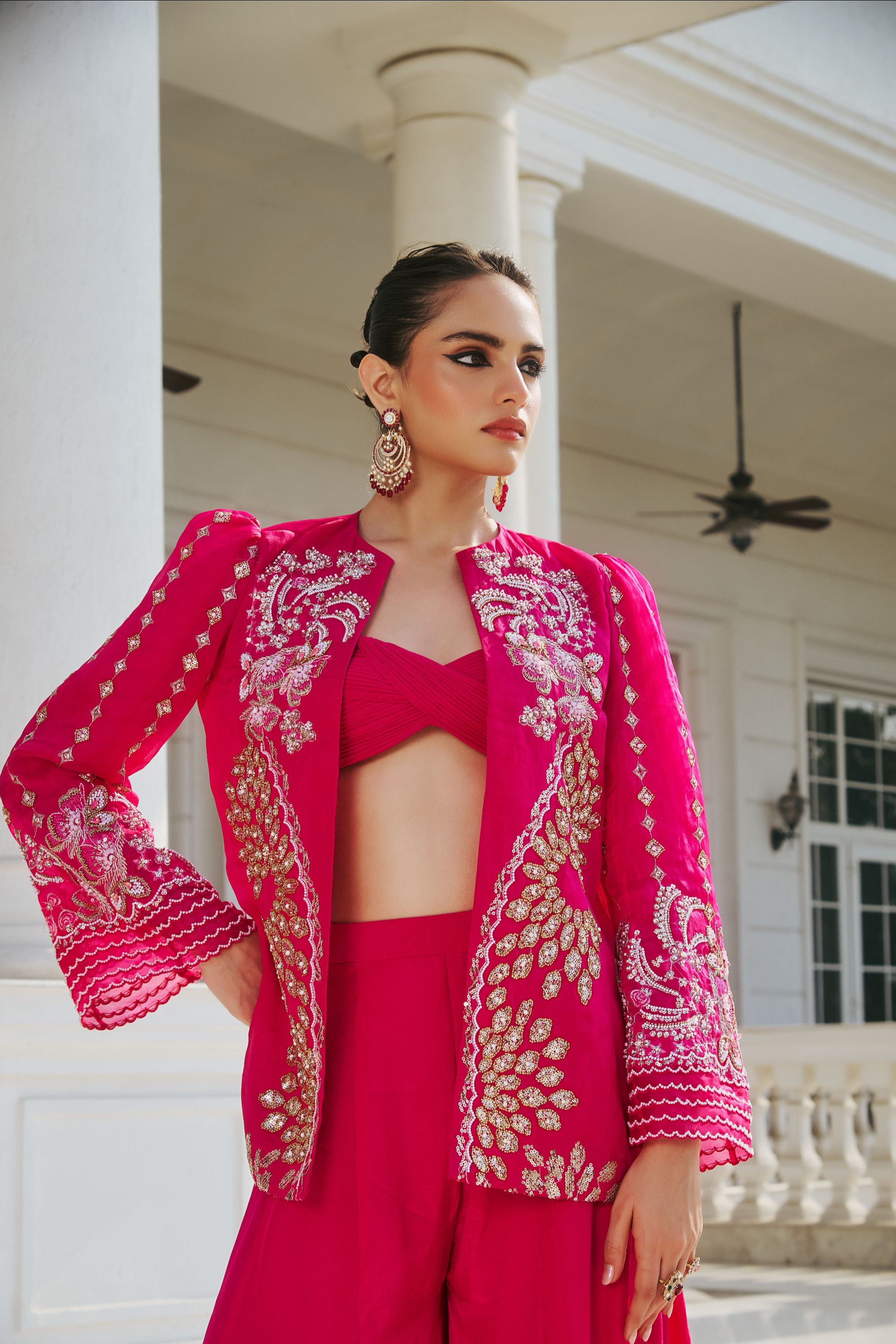 Hand Embellished Jacket with Shahrara and Twisted Bralet - Fuchsia Pink