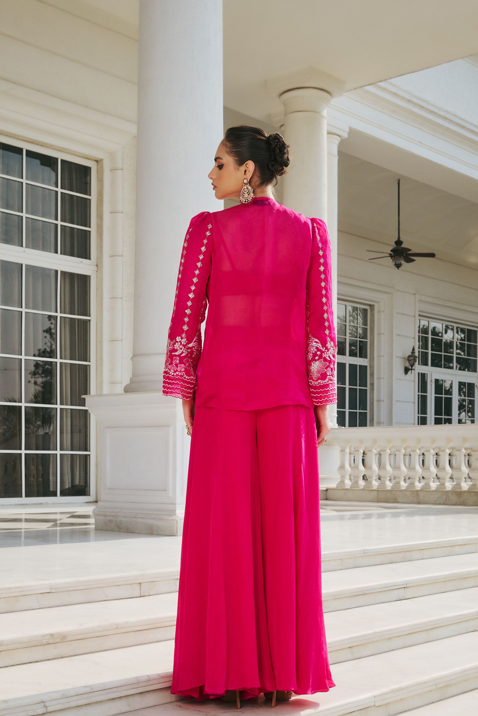Hand Embellished Jacket with Shahrara and Twisted Bralet - Fuchsia Pink