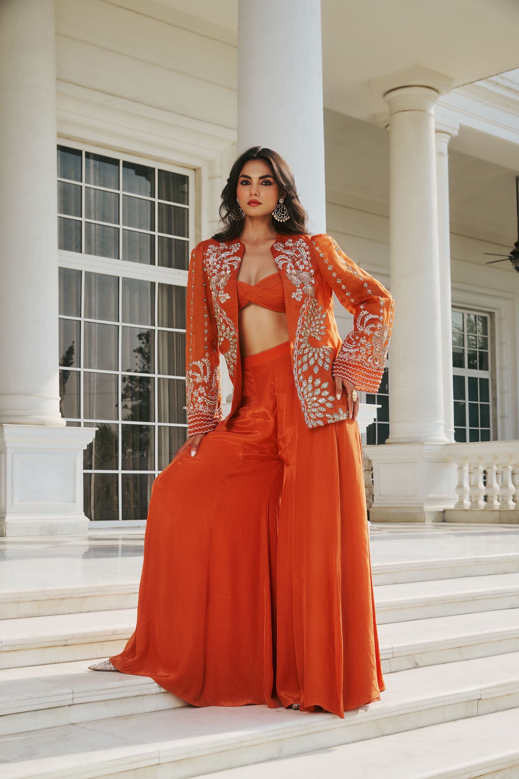 Hand Embellished Jacket with Shahrara and Twisted Bralet - Autumn Orange