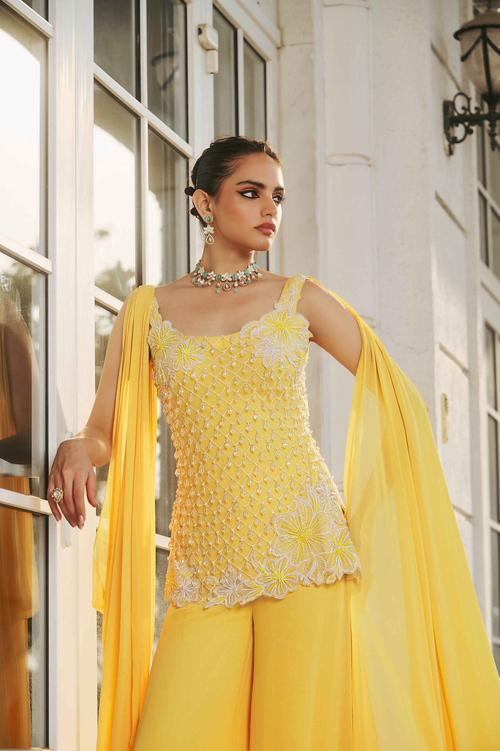 Hand-Embroidered Glass Pearls Draped Kurta with Fluid Trousers